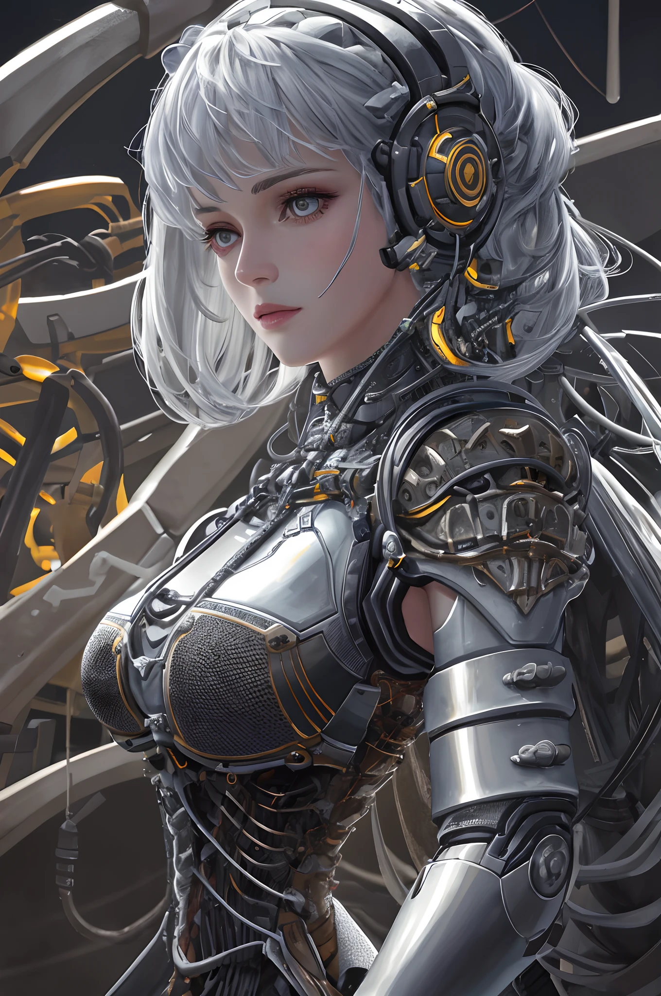 1mechanical girl,((ultra realistic details)), portrait, global illumination, shadows, octane render, 8k, ultra sharp,metal,intricate, ornaments detailed, cold colors, egypician detail, highly intricate details, realistic light, trending on cgsociety, glowing eyes, facing camera, neon details, machanical limbs,blood vessels connected to tubes,mechanical vertebra attaching to back,mechanical cervial attaching to neck,sitting,wires and cables connecting to head