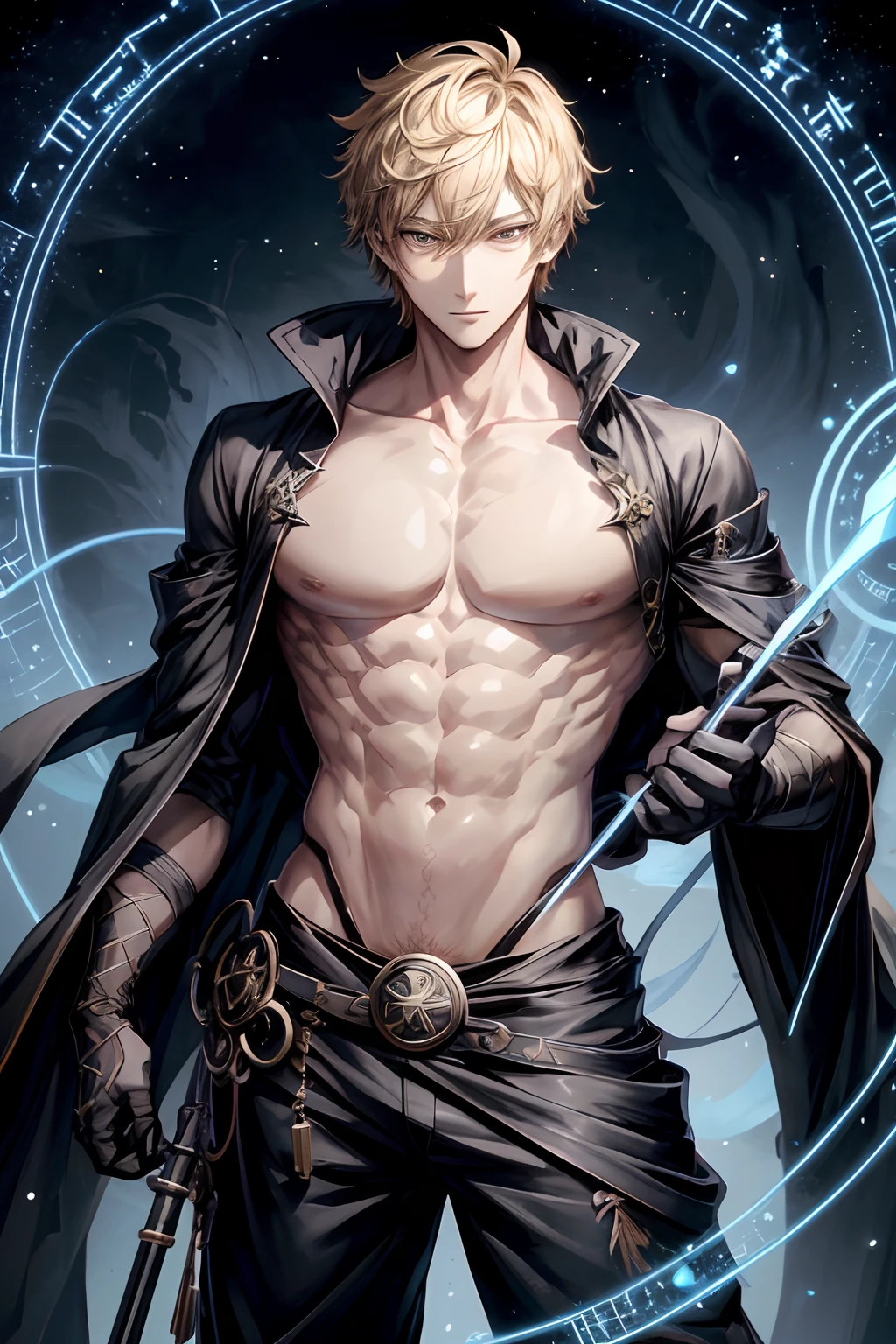 Trending on artstation pixiv, anime guy with bright eyes, unsual eyes, best anime 4k, zerochan art, key anime art, [[[[grinning evily]]]], Mage, masterpiece, Magic, Magic circle, (gray skin), muscular, open shirt, solo, rings, good anatomy, detailed hands, detailed eyes, (male), Black cat, Black Wizard clothes