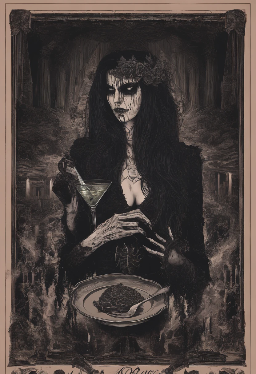 A movie poster for a very charismatic Provocatively sexy slender female zombie montser supermodels eating brains in her hand bloody, enticing sultry pose