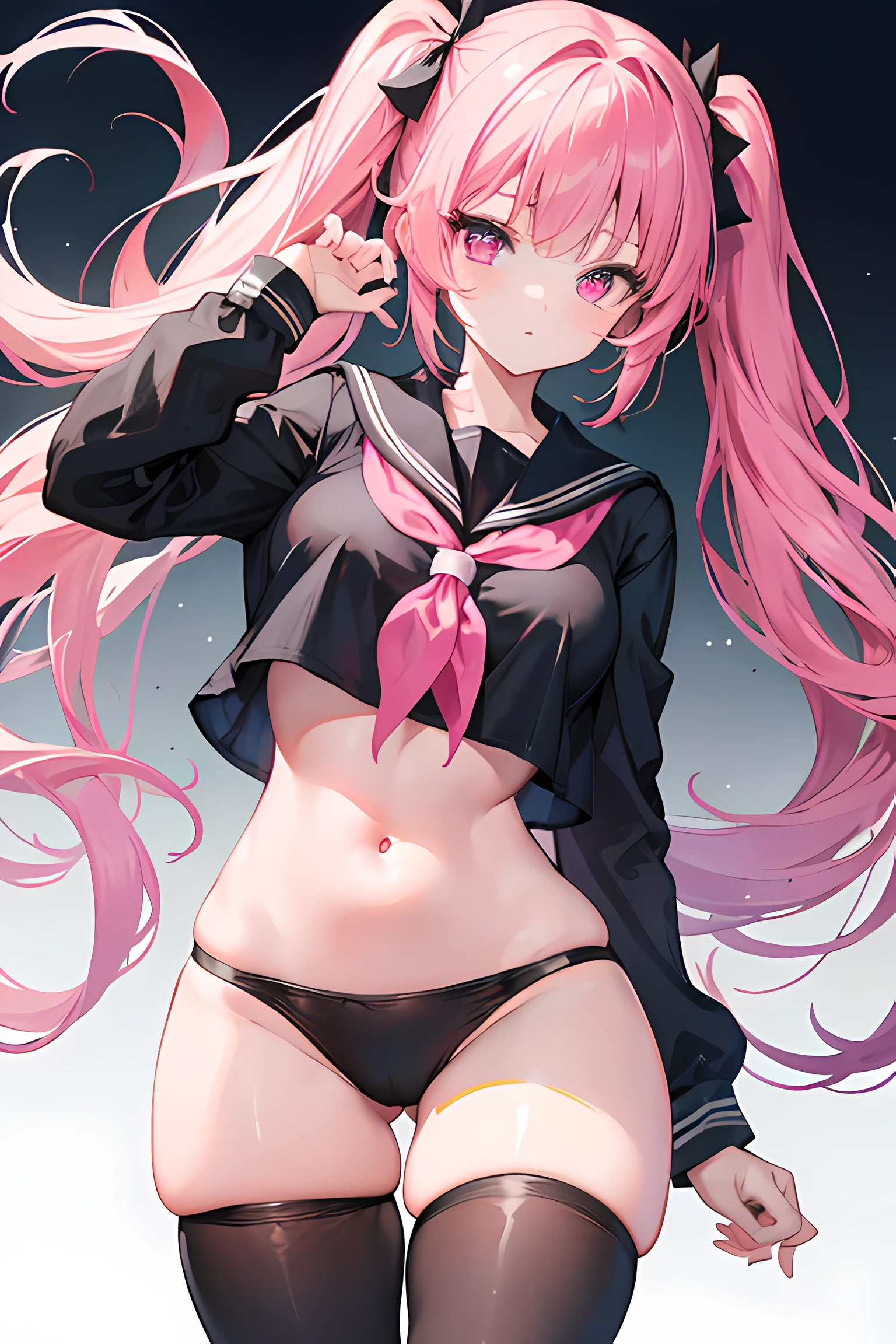 A (beautiful) schoolgirl with pink twin tails. She has (pink luminous eyes)
BREAK, Her round breasts are big:0.8. She is slim but has thick thighs.
BREAK, She is wearing a (black sailor crop top uniform).
She is also wearing black thigh-highs.