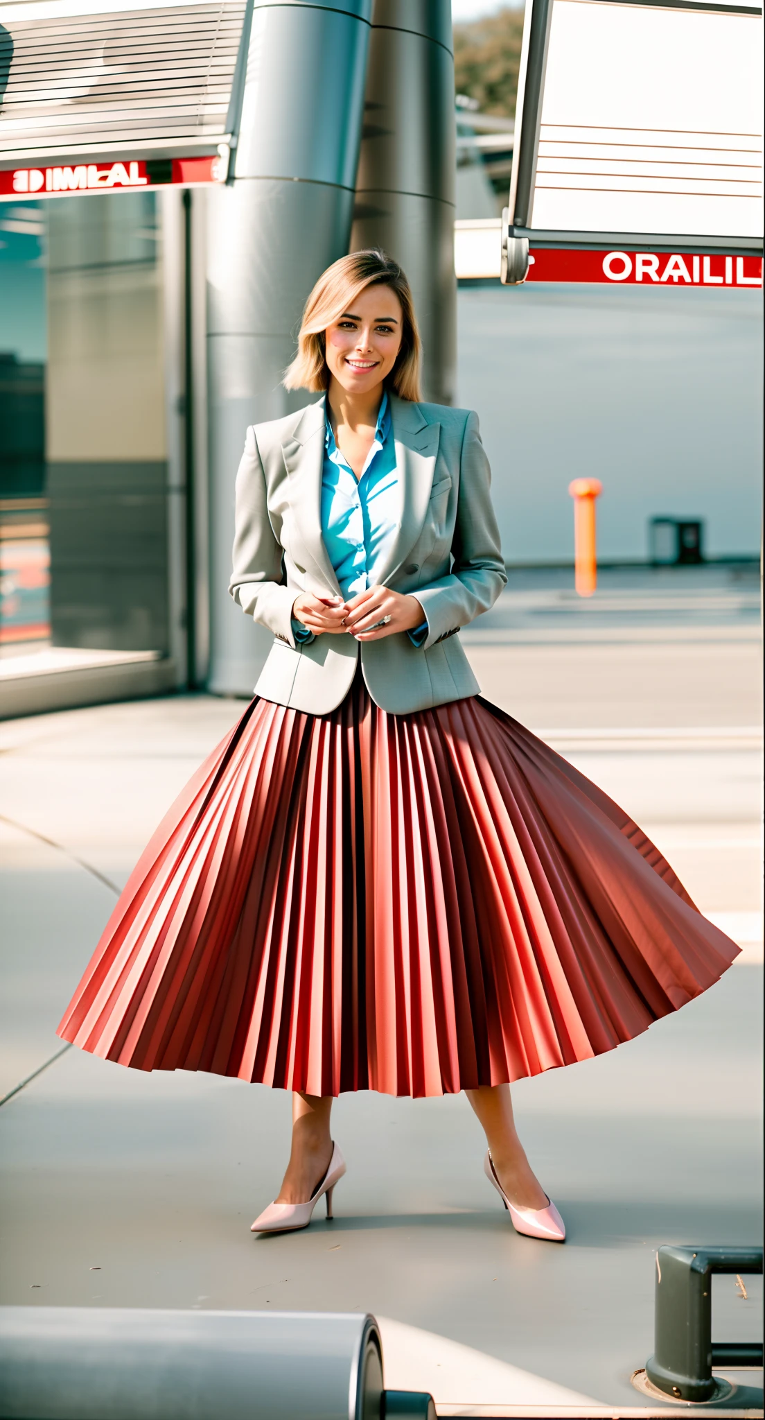 very (seductive:1,9) smiling attractive lesbian woman wearing short blazer and very very detailed (long (fully pleated) full circle skirt) and (simple) low heeled office shoes, very very intricate hyper-detailed symmetric (attractive graceful young feminine face) with (sad, tired eyes and a shy smile), large breasts, full of empathy and compassion and love, (pronounced (feminine) features), (highly detailed ultra accurate realistic) hands and fingers, (windy conditions and wind blowing), epic composition, highly detailed attributes, highly detailed atmosphere, (35mm f1.4 Kodak portra 400 photograph), extremely high quality RAW photograph,