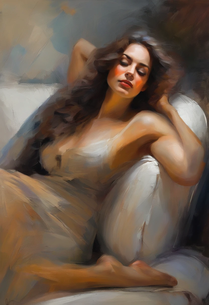 A painting of a woman with her eyes closed, ((golden ratio}} laying on the sofa after a long night on the town, a sensual painting, a Beautiful expressive painting, Wadim Kashin. Ultra photo realism, Louise Ross, digital painting art, Perceptual digital painting, Stylish digital painting, Bonito painting, glossy digital painting, beautiful digital painting, digital art painting, Fine paintings, ((Rod acrylic paint)).