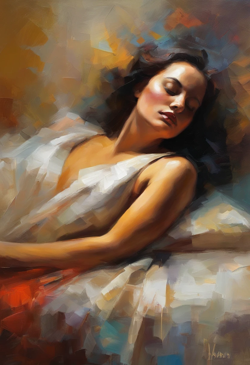 A painting of a woman with her eyes closed, ((golden ratio}} laying on the sofa after a long night on the town, a sensual painting, a Beautiful expressive painting, Wadim Kashin. Ultra photo realism, Louise Ross, digital painting art, Perceptual digital painting, Stylish digital painting, Bonito painting, glossy digital painting, beautiful digital painting, digital art painting, Fine paintings, ((Rod acrylic paint)).