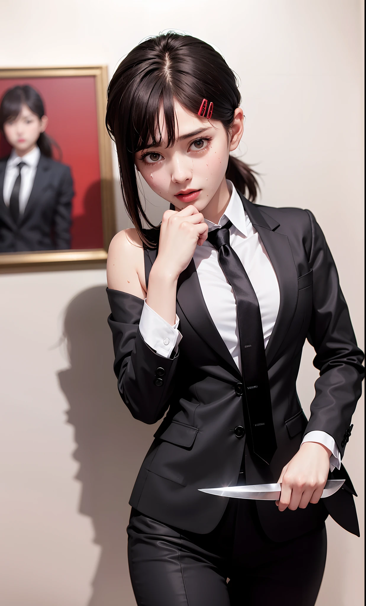 femboy, bulge, crossdressing, short hair, brunette, skirt suit, (((three-piece suit))), necktie, blazer, suit jacket, waistcoat, bodycon skirt, white gloves, blowjob, kneeling, penis in mouth, fellatio, deepthroat, facefuck