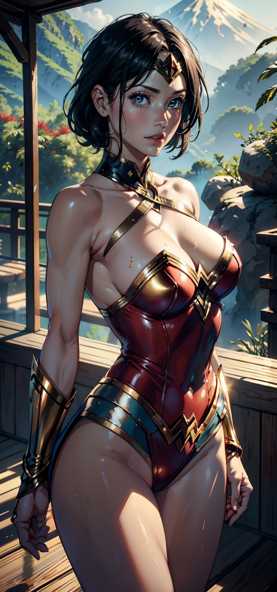 1female，41 years old，熟妇，A MILF，mature，plumw，extremely large bosom ，Pornographic exposure， 独奏，（Background with：the rainforest，volcanoes，hot onsen，stunning view，exteriors） She has short black hair，bobo head，Station，seen from the front， hair straight， mostly cloudy sky，（（（tmasterpiece），（Very detailed CG unity 8K wallpaper），best qualtiy，cinmatic lighting，detailed back ground，beatiful detailed eyes，Bright pupils，Redlip（Very fine and beautiful），（Beautiful and detailed eye description），ultra - detailed，tmasterpiece，）），facing at camera，A high resolution，ultra - detailed），revealing breasts，Bare genitalia，  Bulge，legs are open，Raised sexy，Camel toes，Flushed complexion，Open-mouthed，frontage，wonder women，（Wearing：Gold thread headband，Wonder Woman uniform）