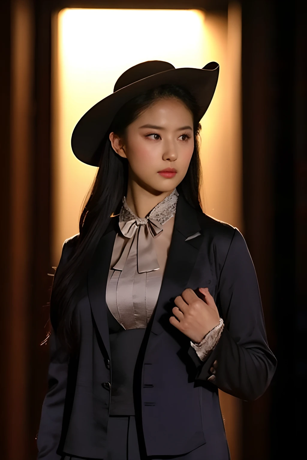 (Previous Focus)、(Dark: 1.6)、portrait of a woman、Fantasy Art、photoRealstic、Dynamic lighting、art  stations、poster for、Volume Lighting、extra detailed face、4 k、Award-winning、1人、in the darkness nigth、deep-shadows、lowkey、cowboy  shot、(formal clothes:1.4)、long、