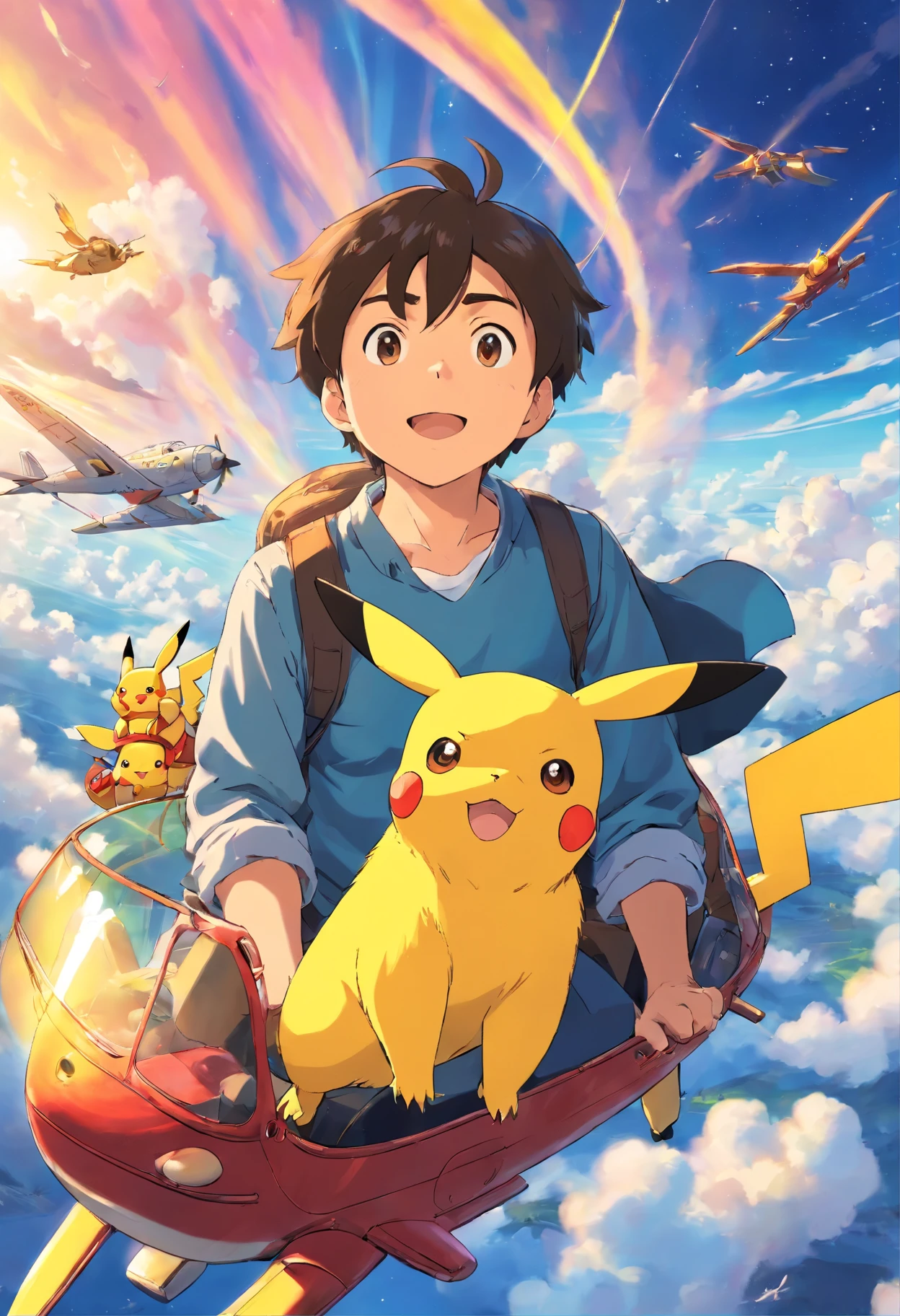 homem jovem, flying in the plane with Pikachu in the sky
