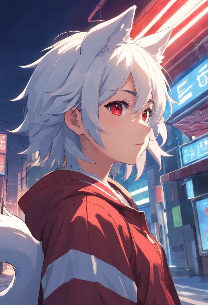 A young teenager, half wolf, his hair is white and his wolf ears are black, his canines white and his eyes red as blood;