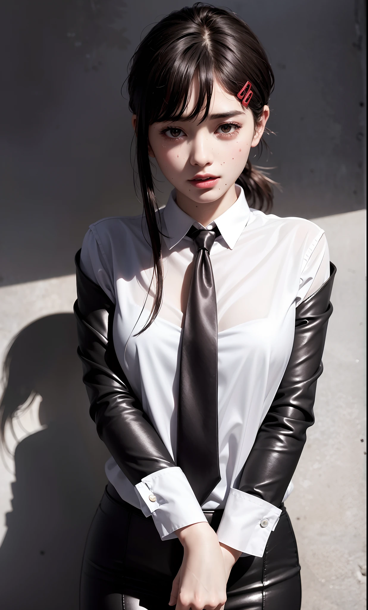 (sfw), (masterpiece:1.2), best quality, masterpiece, highres, original, extremely detailed wallpaper, (ultra-detailed), (best illustration), (best shadow), (realism), small breasts, perky breasts, business suit, holding a knife, crazy look, crazy eyes, yandere, sweating, crying, blushing, blazer, black necktie, white collared shirt, (brown eyes),holding a knife