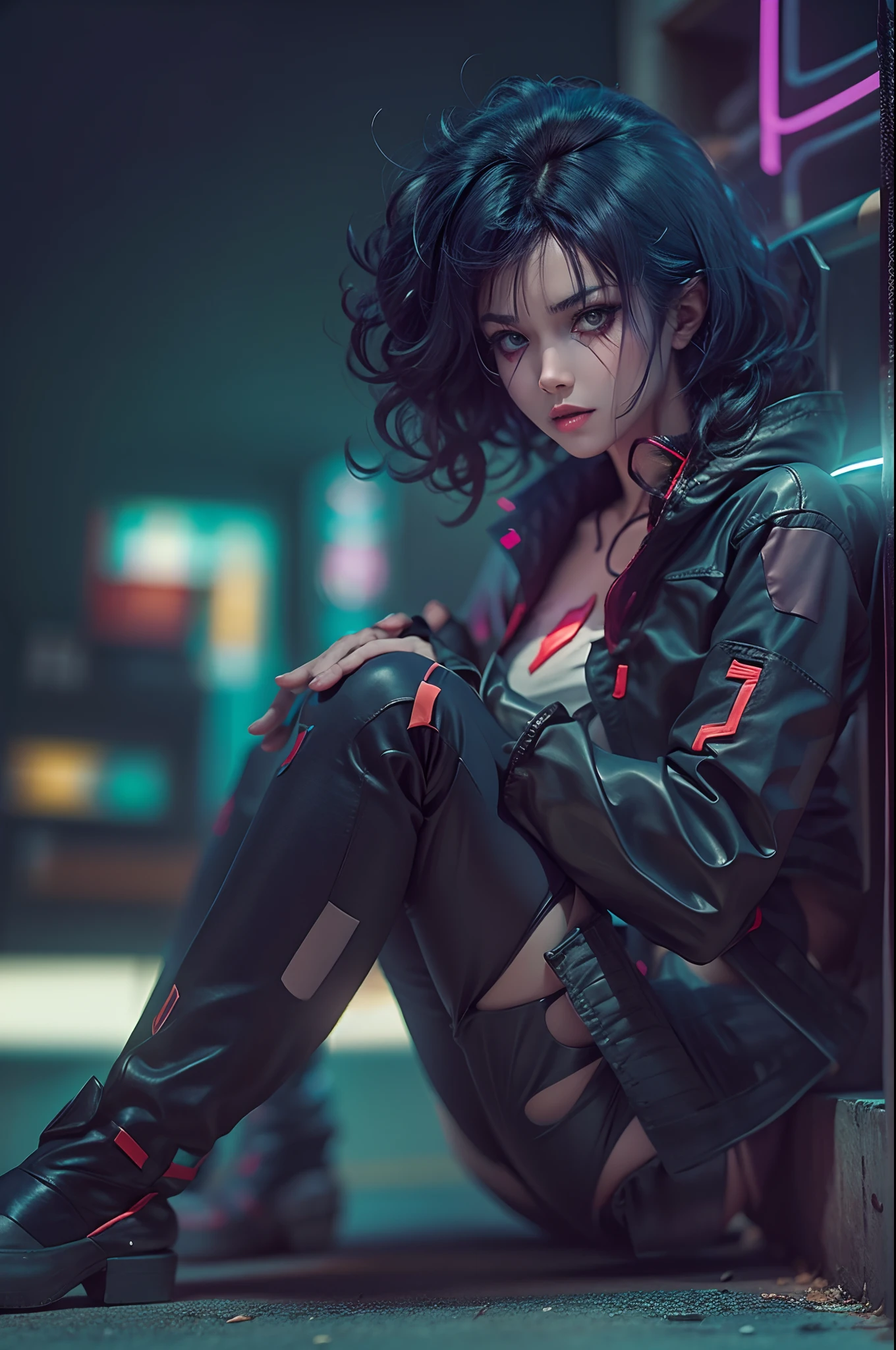 cute garota cyberpunk linda de costas, get down on all fours, super sexy, super skinny, , jeans and short curly black hair, olhando para traz