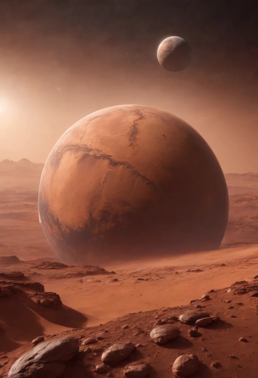 Cosmic titan emerging from nebulae in outer space and rising above the horizon