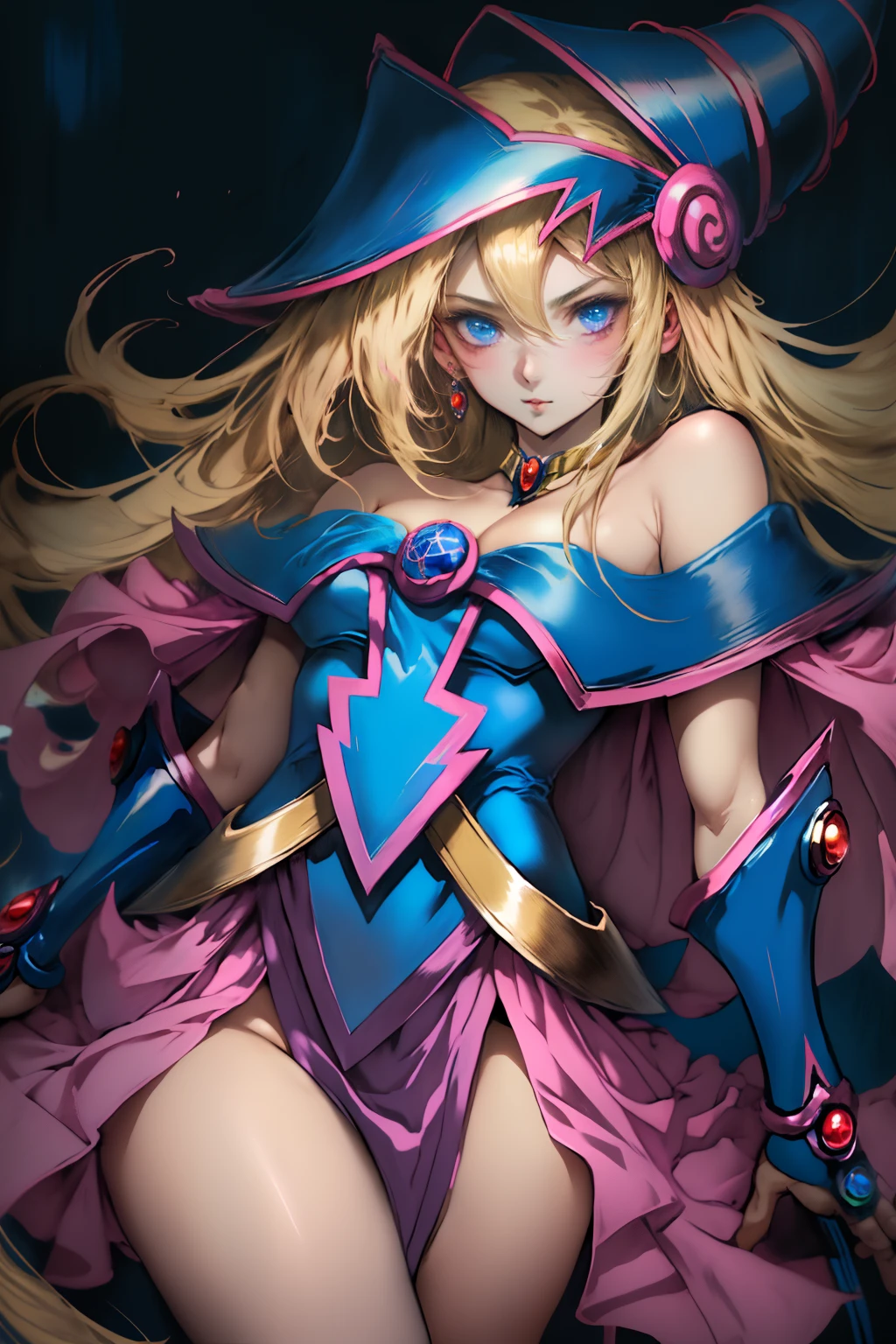 Dark magician , ojos azules, Vestido sexy rosa y negro, delgado, refinado, fondo negro, alisar, escote, sujetador con cordones, rubio, seductor, seductor, (2D lindo anime:1.3), VIXIP, Fondo pastel, design by Yusuke Kozaki, Gregory Manchess oil; stunningly attractive, vejatorio, Beautiful, Hand drawing illustration. Altamente detallado. cinematic lighting. by sulittle guy.little guy. chica dark magician girl nude