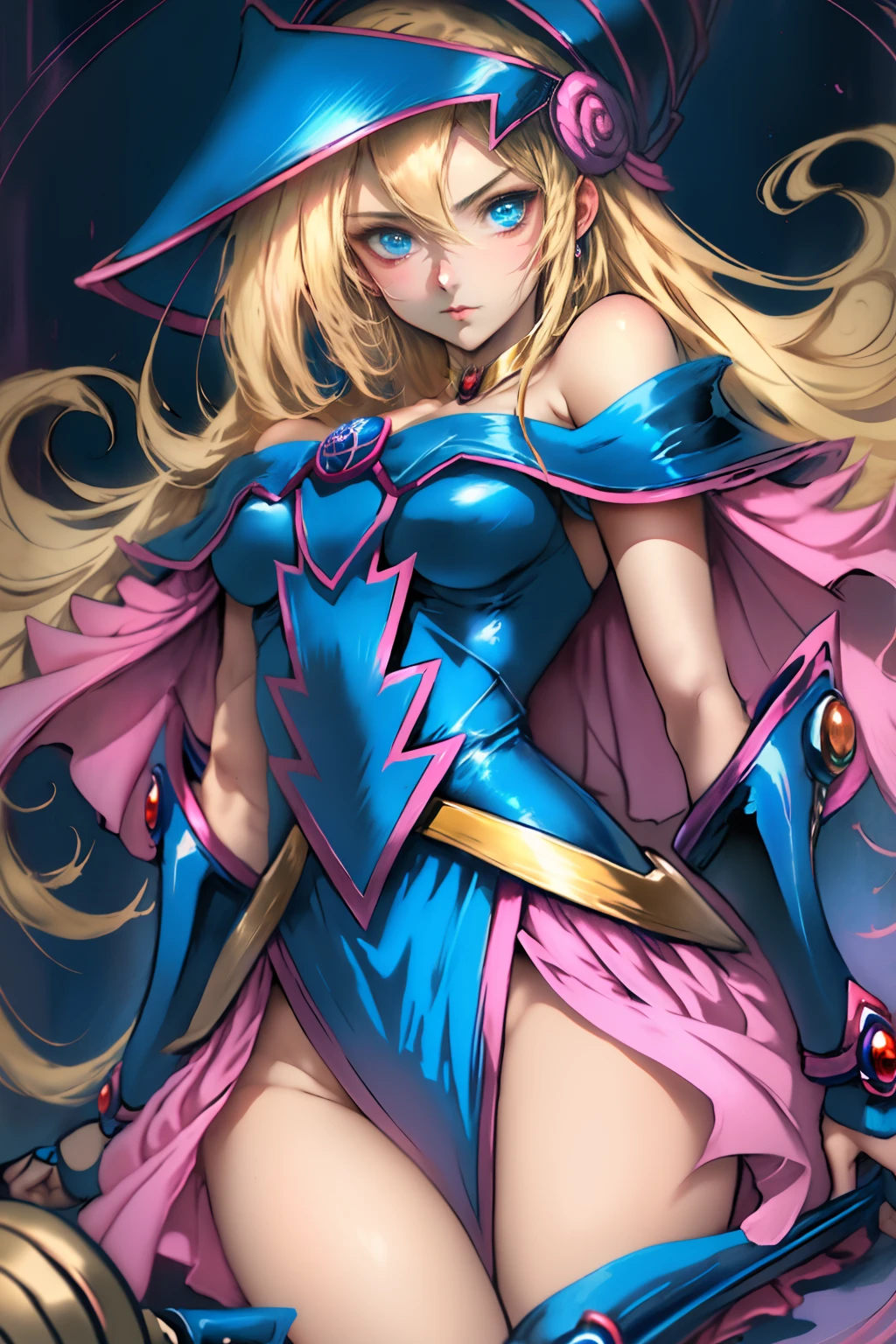 Dark magician , ojos azules, Vestido sexy rosa y negro, delgado, refinado, fondo negro, alisar, escote, sujetador con cordones, rubio, seductor, seductor, (2D lindo anime:1.3), VIXIP, Fondo pastel, design by Yusuke Kozaki, Gregory Manchess oil; stunningly attractive, vejatorio, Beautiful, Hand drawing illustration. Altamente detallado. cinematic lighting. by sulittle guy.little guy. chica dark magician girl nude