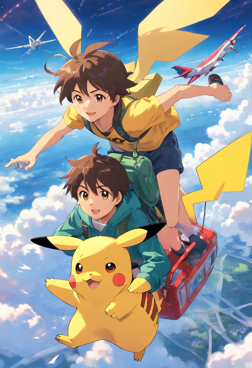homem jovem, flying in the plane with Pikachu in the sky