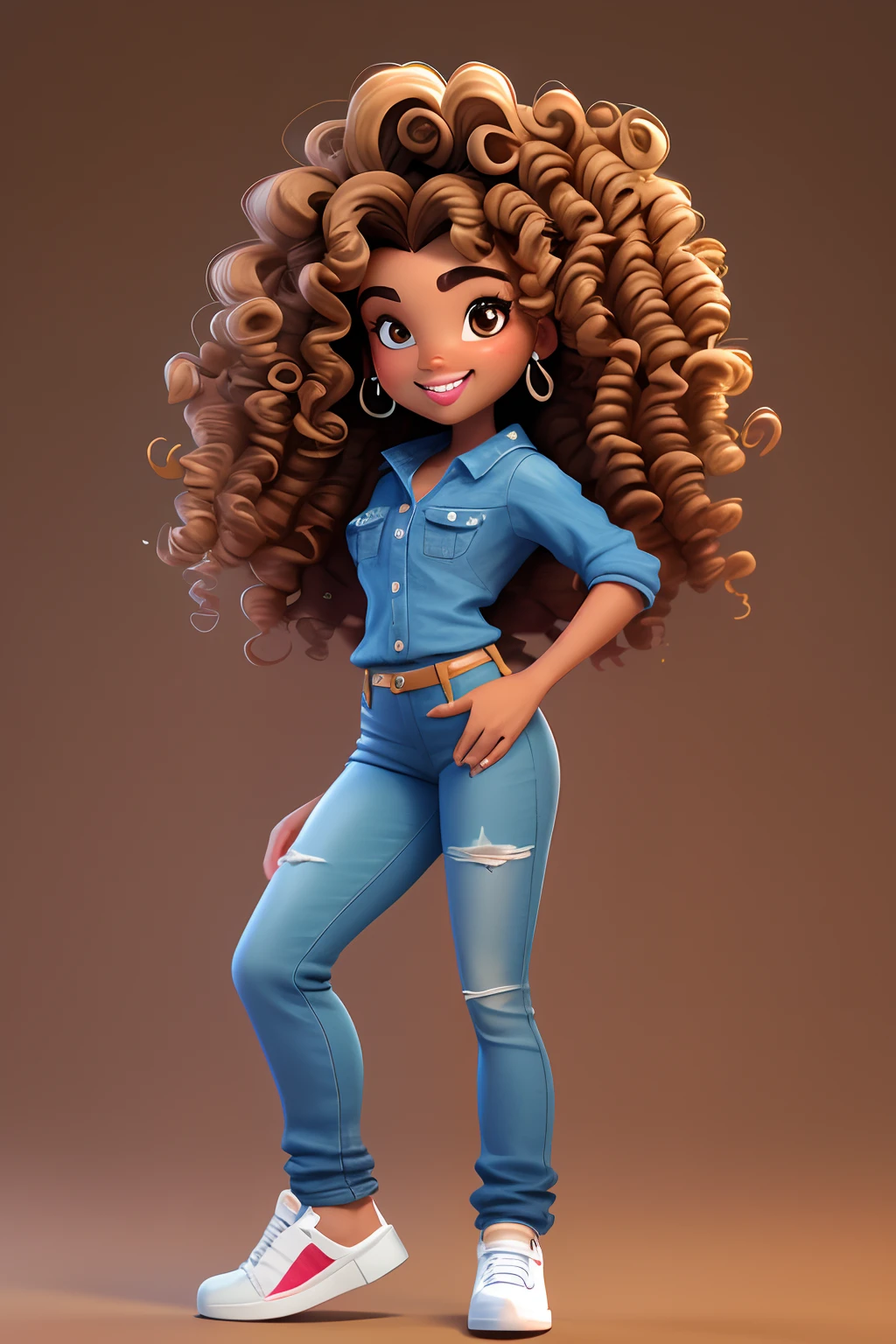 3DCHARACTER, 1 , mulher adulta, hazelnut eyes, cabelos pretos cacheados curtos, (((curly hair))), Black power, pele marrom, (((Brown skin))), Denim Jeans Pants, camisa branca, (corpo inteiro: 1.2), fundo simples, obra-prima, melhor qualidade, flor no cabelo, (fundo gradiente de ameixa clara: 1.1)