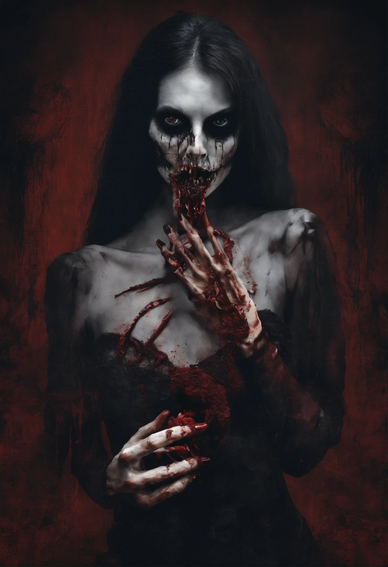 A movie poster for a very charismatic Provocatively sexy slender female zombie montser supermodels eating brains in her hand bloody, enticing sultry pose