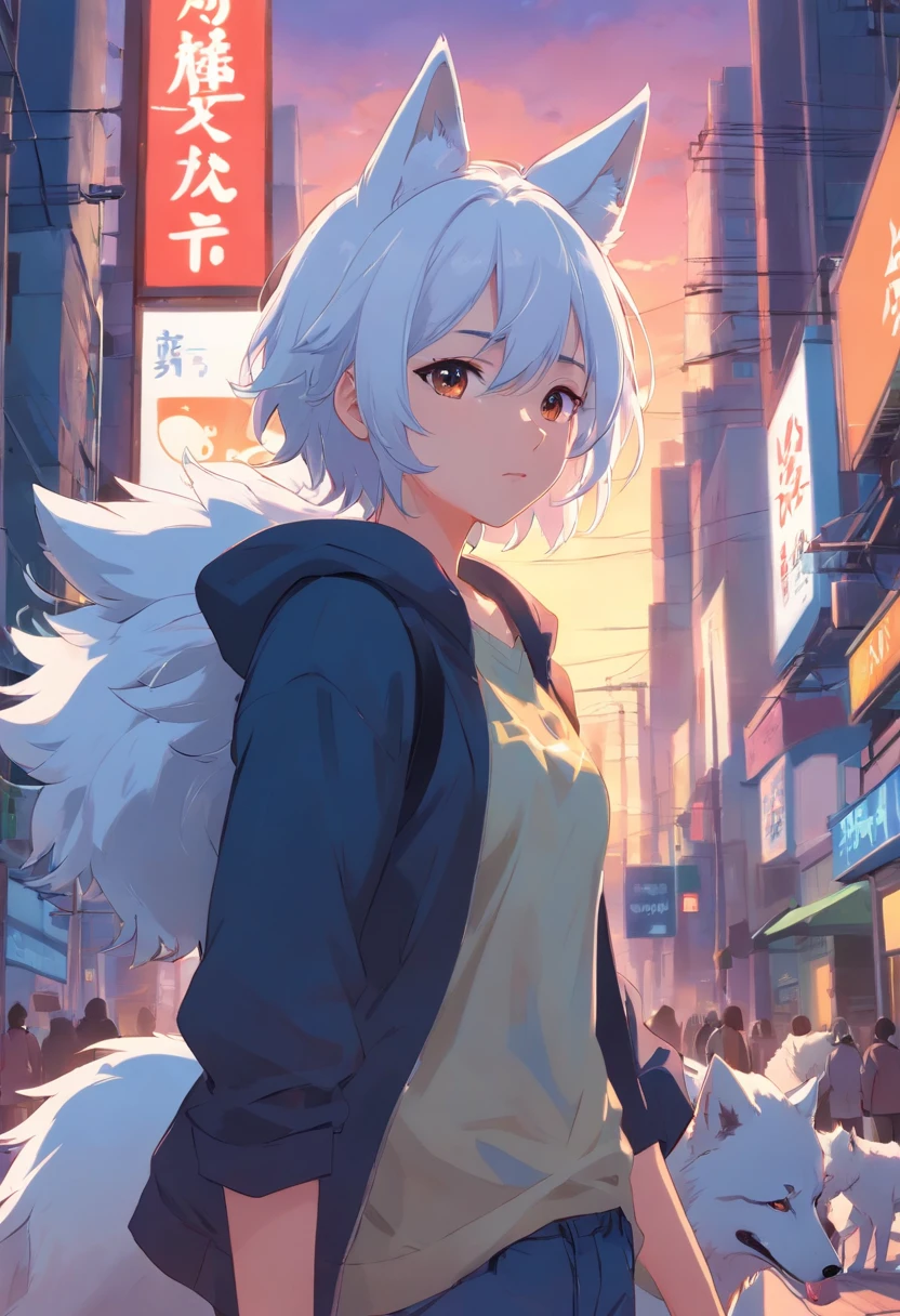 um jovem adolescente, Meio Lobo, His white hair and wolf ears are black, seus caninos brancos e seus olhos vermelhos como sangue;