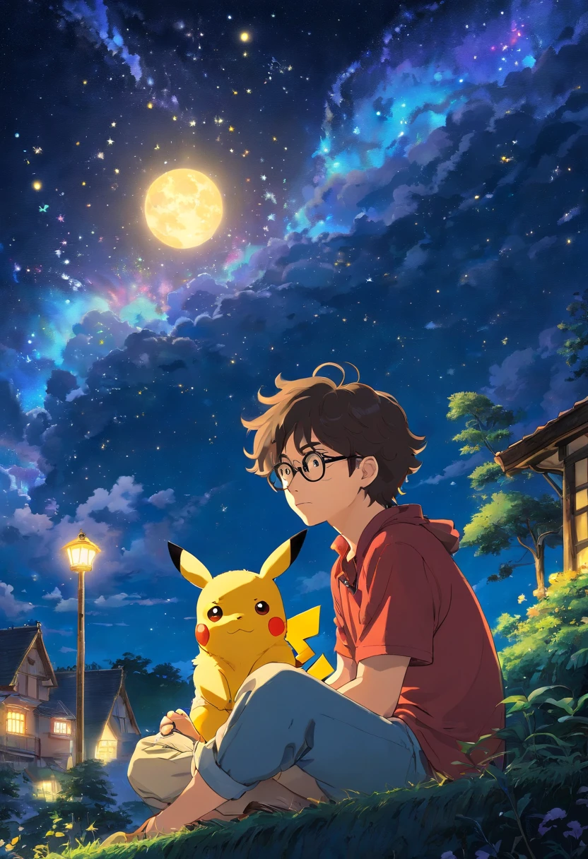 Homem jovem, wearing glasses with wavy hair sitting with Pikachu, Watching the starry sky at night
