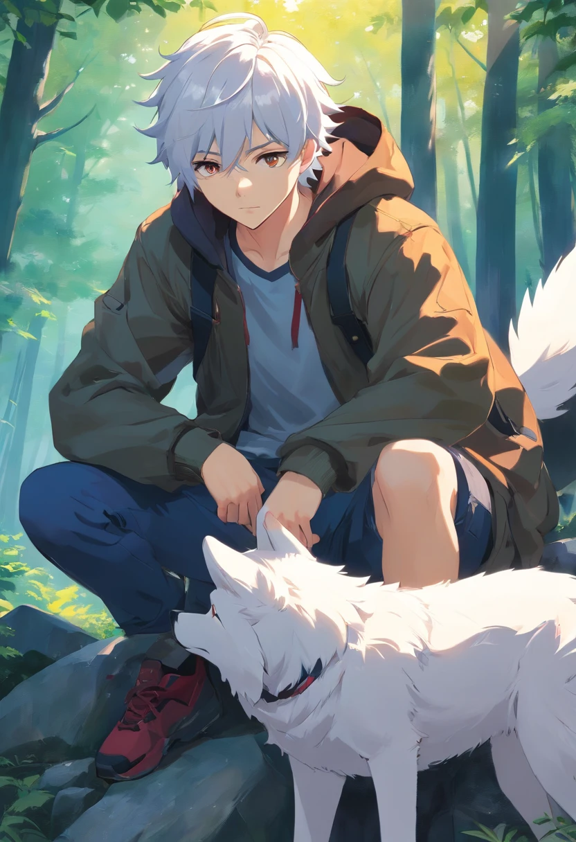 um jovem homem adolescente, Meio Lobo, His white hair and wolf ears are black, seus caninos brancos e seus olhos vermelhos como sangue;