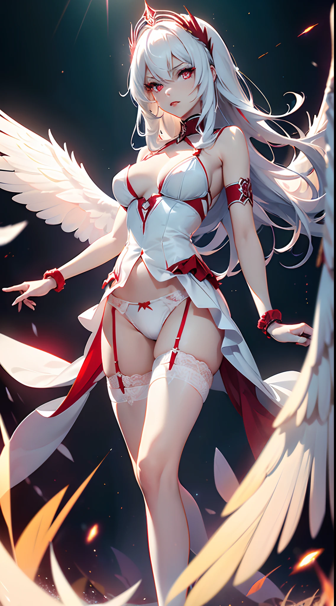 20 year old young woman( Long white hair ),(bright red eyes)<=(eyes HD lighting) (has red lips), beautiful eyebrows (badass expression) both hands have red bracelets on the arms (wears clothes made of transparent white cloth) (sexy white underwear model Garter Belt ) (has 6 large wings with a beautiful bright green color) (He wears gold bracelets on both feet) (sky setting at sunset) (there is an effect of bright red particles flying in the background, (flying) (pose during serious fighting) <=(lunging forward)giving an elegant and epic impression.dark atmosphere with bright particle light(many effects in background)