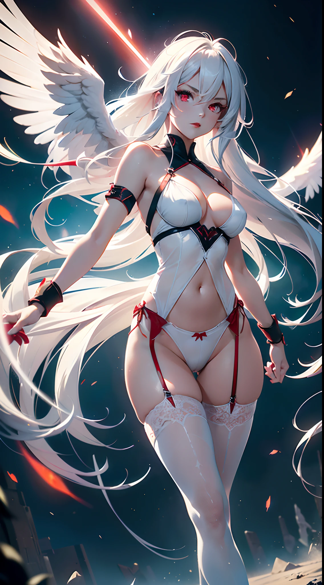20 year old young woman( Long white hair ),(bright red eyes)<=(eyes HD lighting) (has red lips), beautiful eyebrows (badass expression) both hands have red bracelets on the arms (wears clothes made of transparent white cloth) (sexy white underwear model Garter Belt ) (has 6 large wings with a beautiful bright green color) (He wears gold bracelets on both feet) (sky setting at sunset) (there is an effect of bright red particles flying in the background, (flying) (pose during serious fighting) <=(lunging forward)giving an elegant and epic impression.dark atmosphere with bright particle light(many effects in background)
