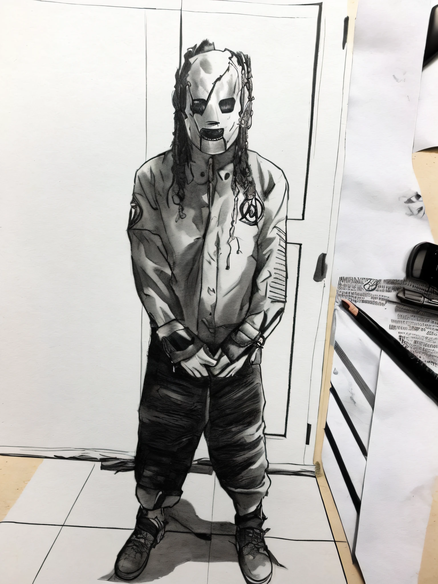 1 sujeto con traje de slipknot, boceto artstyle, Graycale, monocromo, ((solamente))