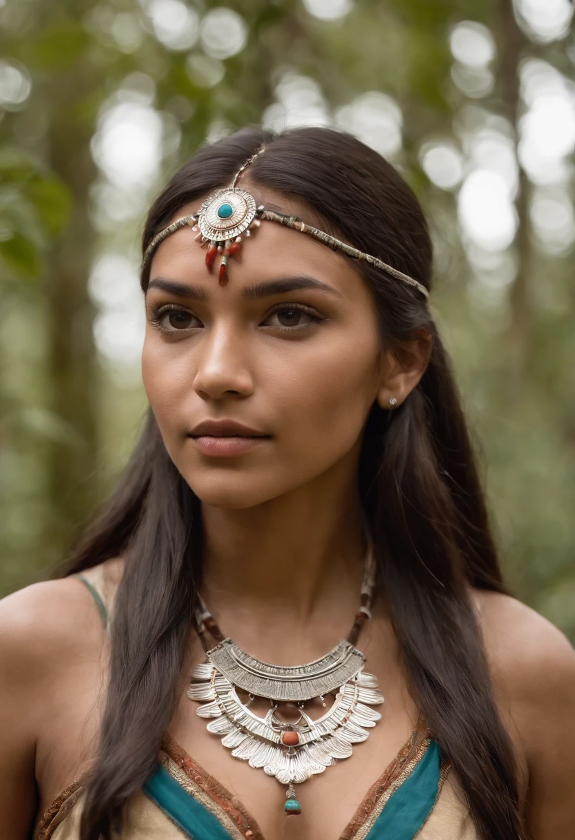 Mujer con un tocado y un collar, Retrato de una joven Pocahontas, , indian girl with brown skin, escote muy grande, usando una gargantilla nativa americana, ABS definido, ,Mujer hermosa, Pocahontas, : native american shamen fantasy, Amazonian Indian Peoples in Brazil, Foto RAW, DSLR, Soft lighting, alta calidad, Film grain, Fujifilm XT, realista, Kinematic