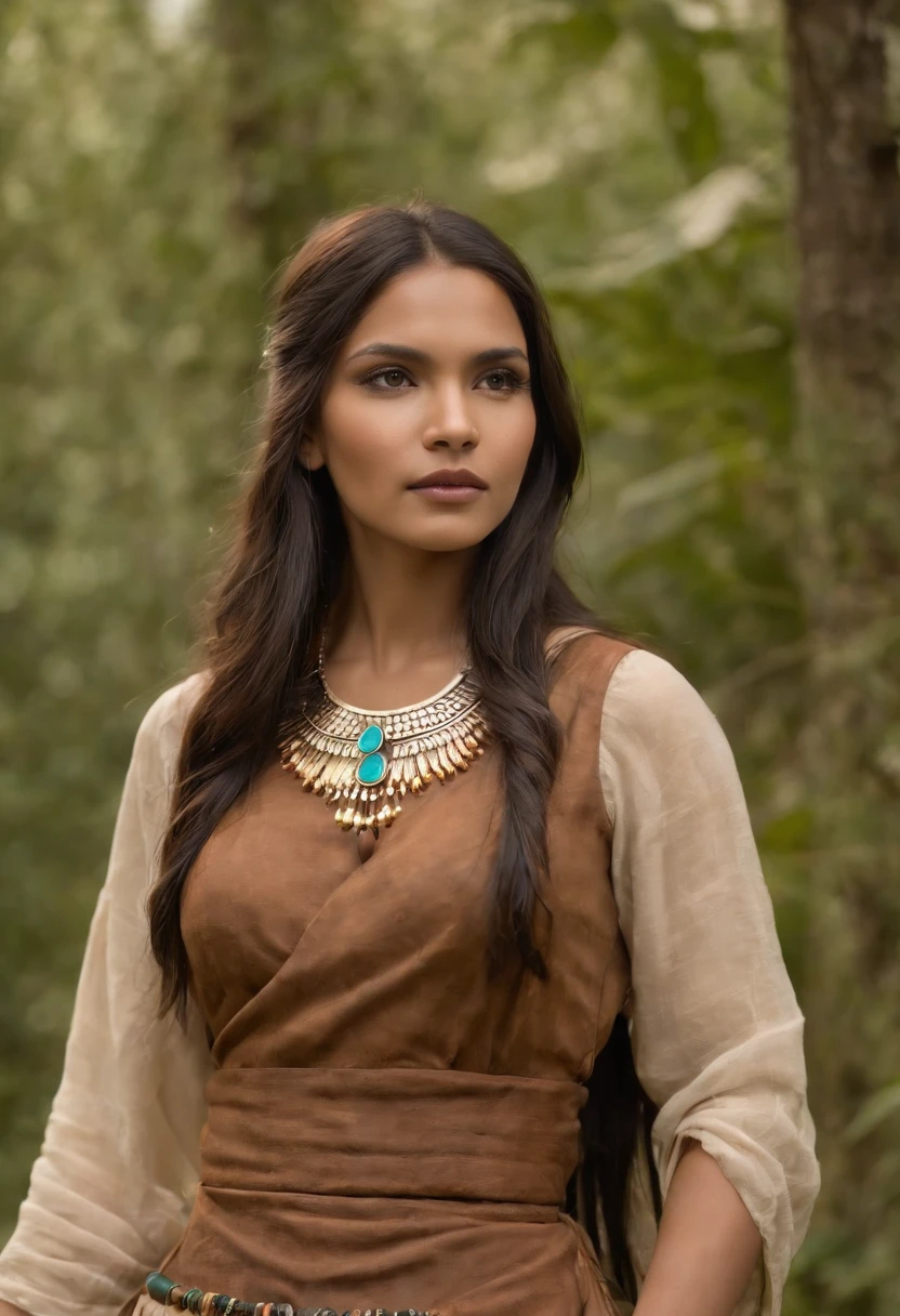 Mujer con un tocado y un collar, Retrato de una joven Pocahontas, , indian girl with brown skin, escote muy grande, usando una gargantilla nativa americana, ABS definido, ,Mujer hermosa, Pocahontas, : native american shamen fantasy, Amazonian Indian Peoples in Brazil, Foto RAW, DSLR, Soft lighting, alta calidad, Film grain, Fujifilm XT, realista, Kinematic