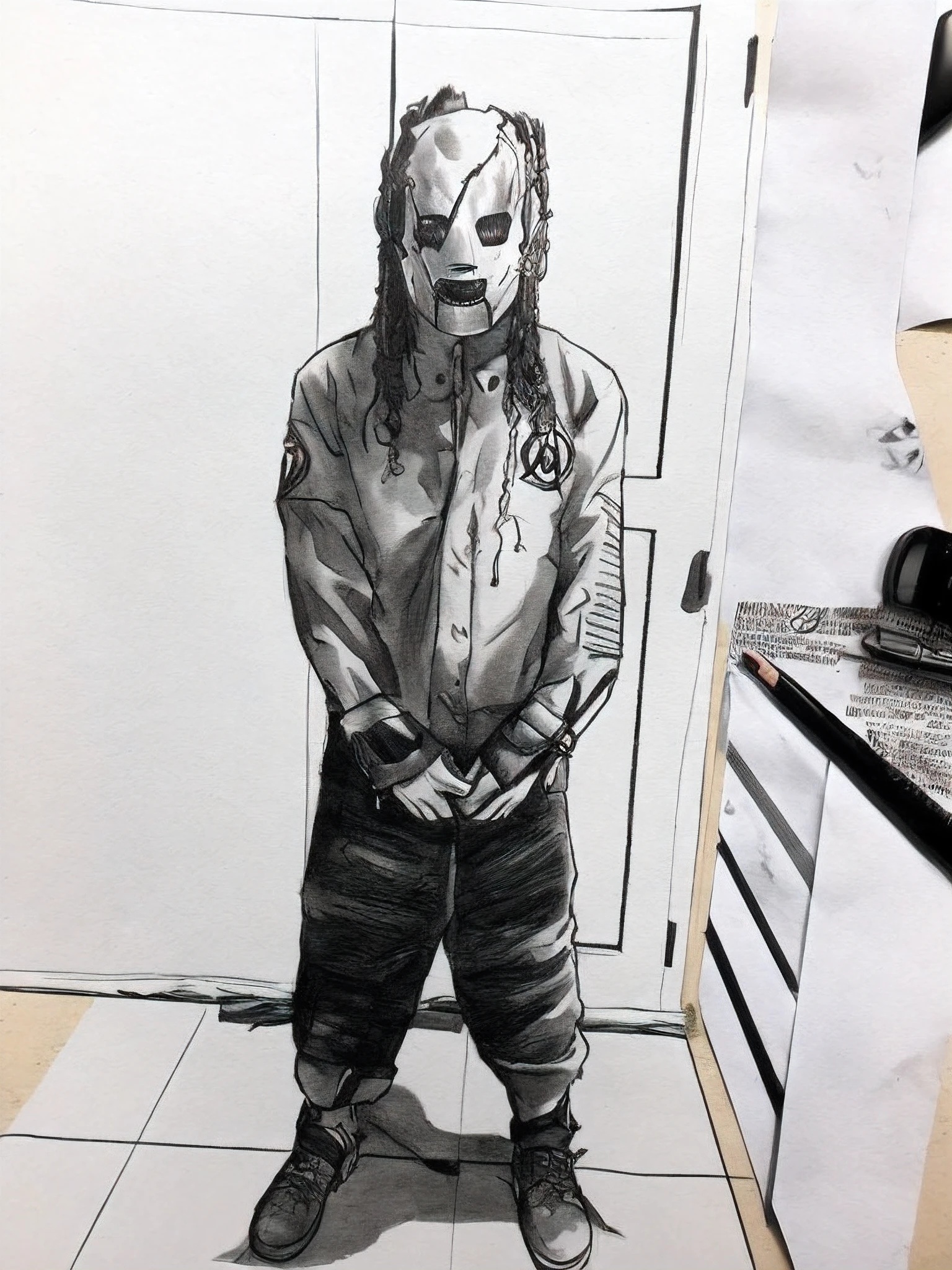 1 sujeto con traje de slipknot, boceto artstyle, Graycale, monocromo, ((solamente))