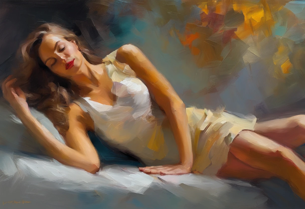 young beautiful female adult with long light brown hair laying sexually on the sofa with one leg out, showing her pelvic with a bend back