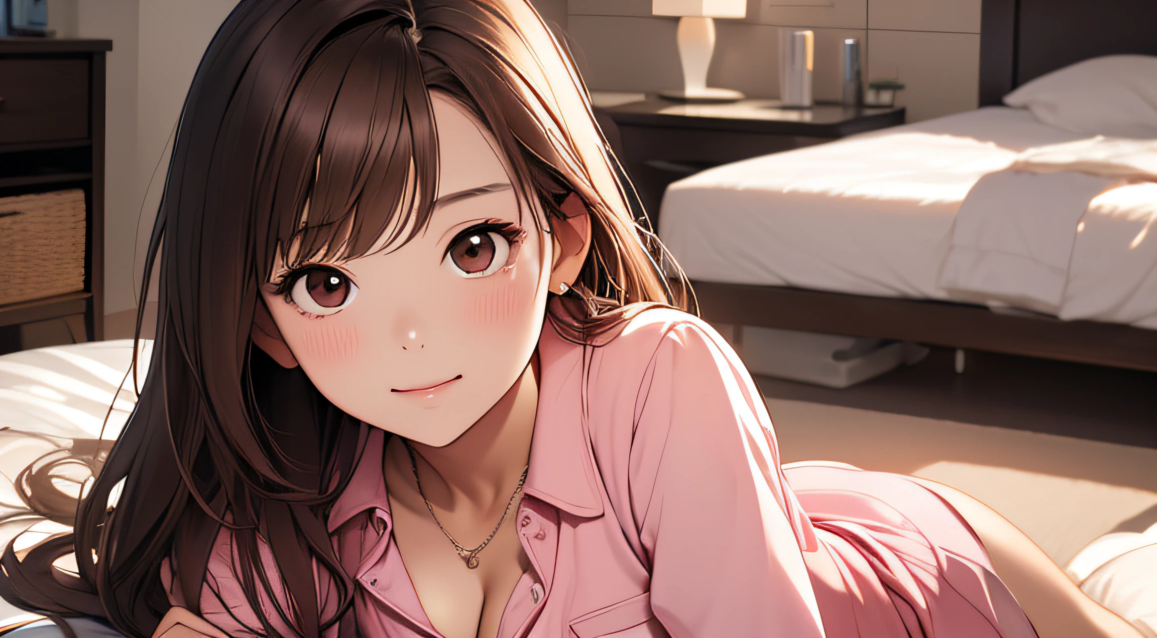 （A Certain Science Railgun、Seo Yeon Joo）、Brown skin、transparent pink long sleeve shirt、（Medium hair in pink color）、Young、Cute、a beautifulchi girl、Perfect style、larjeBoobs、cute pose, smiling, Emphasizes cleavage、deadpan、realisic、Realistic、８ｋ、Heavily detailed、最好质量、Top image quality、high-resolution、A masterpice、only girl、（The background is a mattress）、