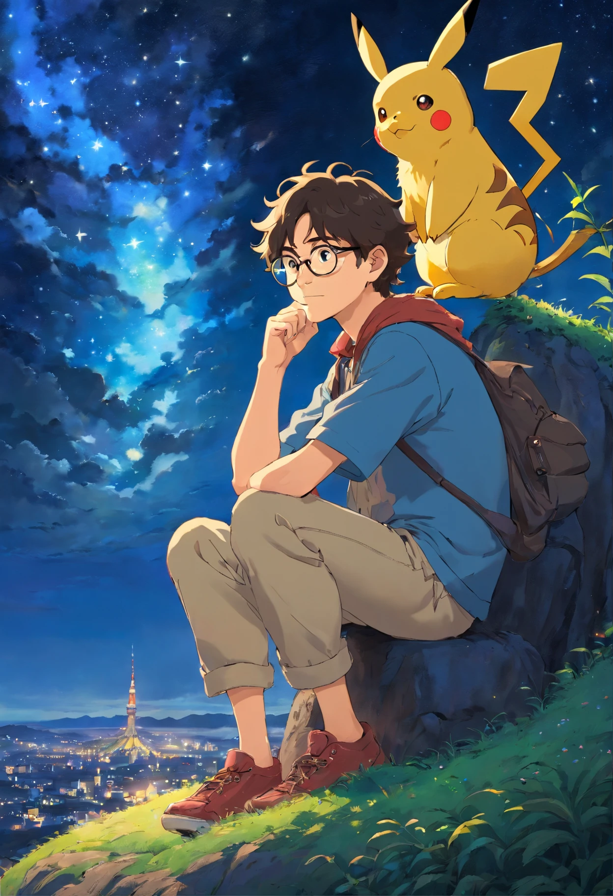 homem jovem, wearing glasses with wavy hair sitting with Pikachu, Watching the starry sky at night