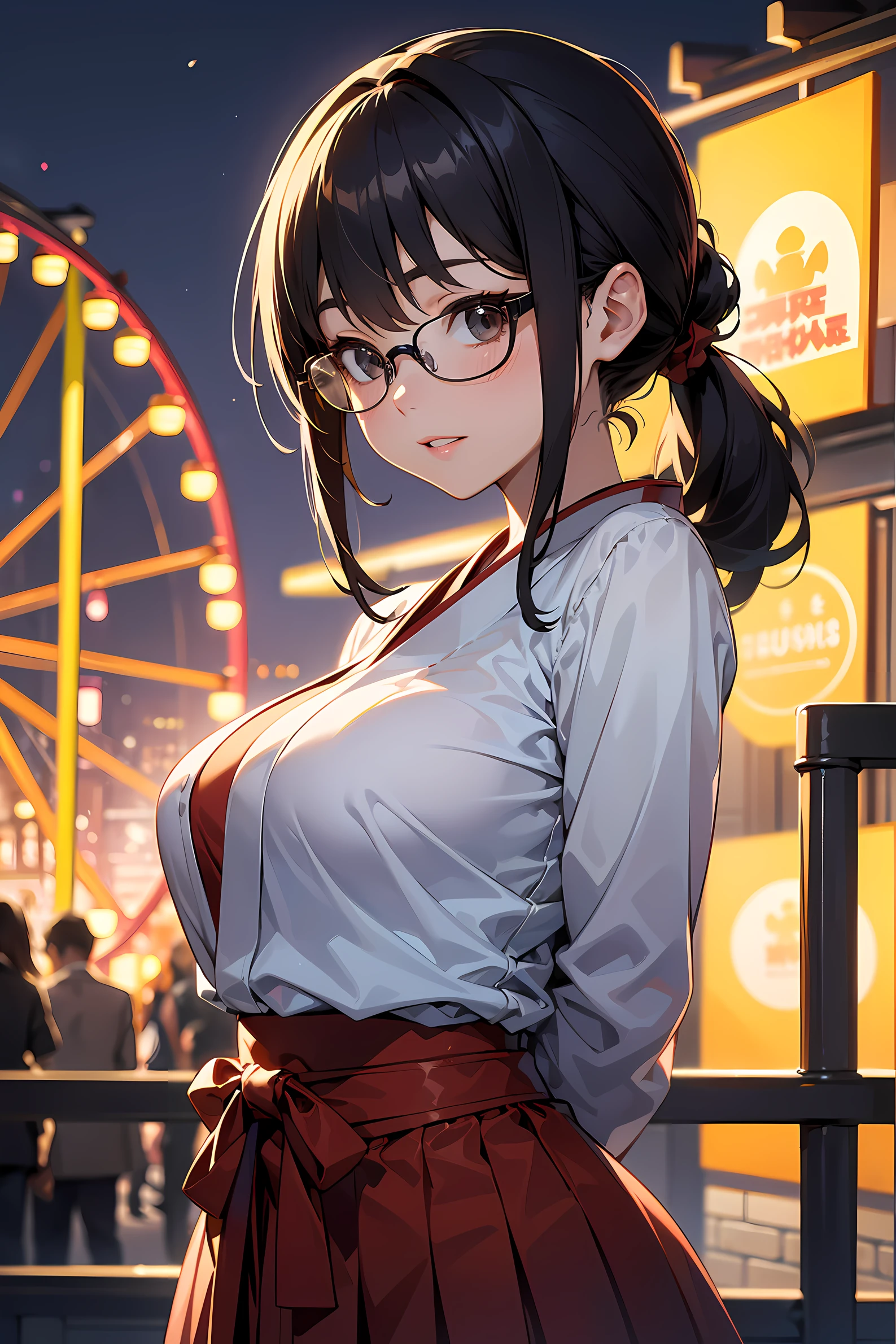 high resolution, Photo of a beautiful woman detailed_face, young handsome girl,realistic:0.5, perfect skin, (wearing a glasses:1.5), (ultra-detailed background, detailed background), bokeh, make happy expressions, happy emotion, gorgeous,pure, beautyfull detailed face and eyes,breasts, (black eyes:1.1), (a extremely pretty and beautiful Japanese woman), (sexy girl), (professional attire:1.3), (22 years old: 1.1), BREAK, (miko outfit:1.2), (white dogi:1.2), (red hakama:1.2), (leather boots))), cleavage, beautiful detailed skin, (cute:1.2), (blonde hair), ((jpop idol)), (upper thigh:0.6), (depth of field),soft light, Lens Glow looking at viewer, (Drooping eyes:1.2), straight teeth,smile, floating hair, (blond hair:1.2), brown eyes BREAK scene, cinematic, full colors, 4k, 8k, 16k, RAW photo, masterpiece, professionally color graded, professional photography, high school girl, hair up, , soft clean focus, realistic lighting and shading, (an extremely delicate and beautiful art)1.3, elegant,active angle,dynamism pose BREAK (ponytail:1.3), (shiny-black thin hair:1.2), bangs, dark brown eyes, beautiful eyes, princess eyes, (big eyes:1.3), bangs, wearing a glasses:1.3, Hair between eyes, short hair:1.3, (slender:1.1), (medium-breasts:0.95), (thin waist: 1.15), (detailed beautiful girl: 1.4), Parted lips, Red lips, full-make-up face, (shiny skin), ((Perfect Female Body)), (upper body image:1.3), Perfect Anatomy, Perfect Proportions, (most beautiful Korean actress face:1.3, extremely cute and beautiful Japanese actress face:1.3), ,(1glasses girl:1.3, solo), ,(blush:1.1), gray background, solo focus, (bust shot:1.2), cinematic light, (nostalgic night scene:1.4), (amusement park:1.4), (merry-go-round、the Ferris wheel、rollercoaster), (arms behind back :1.4), (looking at viewer:1.2