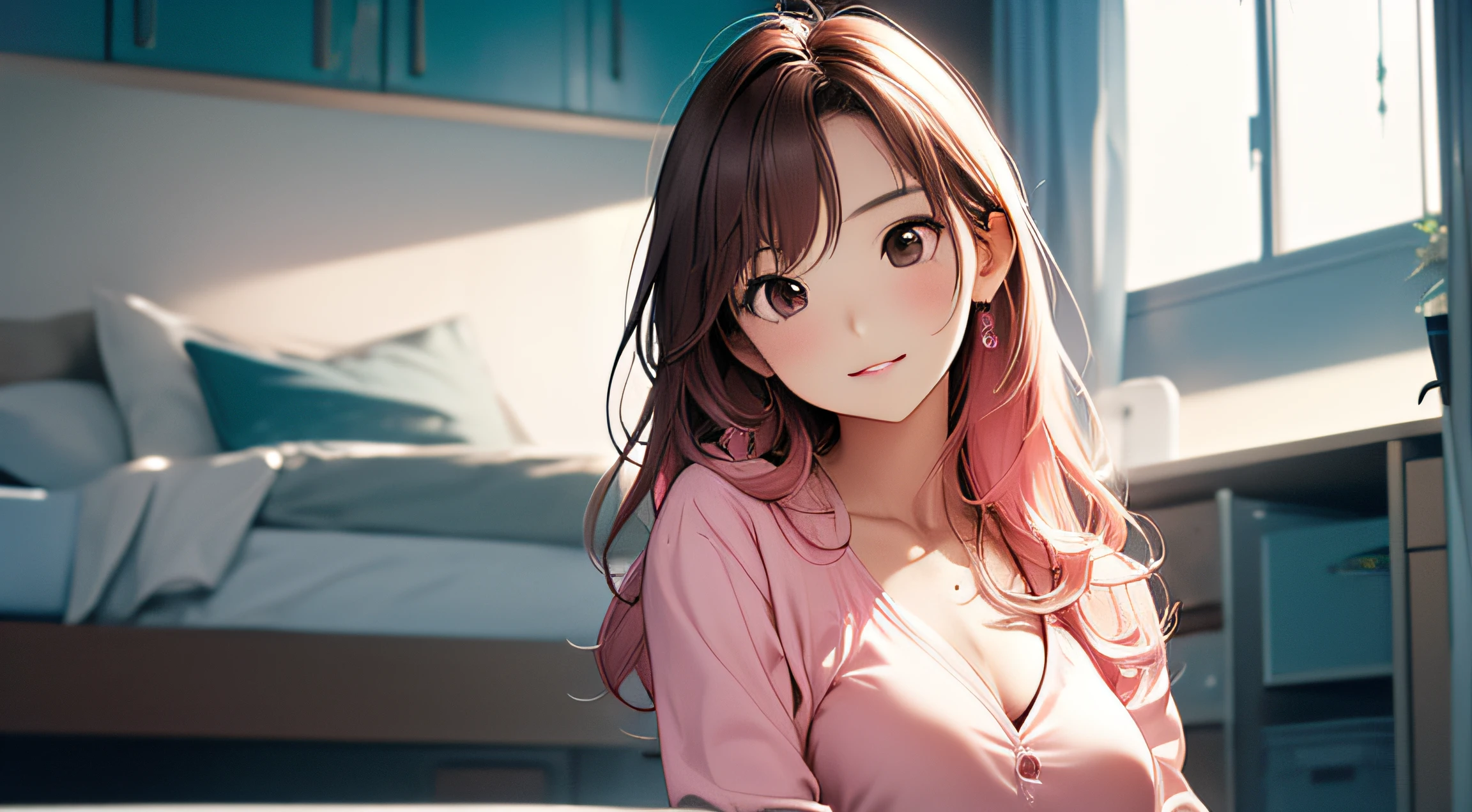 (A Certain Science Railgun、Seo Yeon Joo)、Brown skin、transparent pink long sleeve shirt、(Medium hair in pink color)、Young、Cute、a beautifulchi girl、Perfect style、larjeBoobs、cute pose, smiling, Emphasizes cleavage、deadpan、realisic、Realistic、8k、Heavily detailed、最好质量、Top image quality、high-resolution、A masterpice、only girl、(The background is a mattress)、