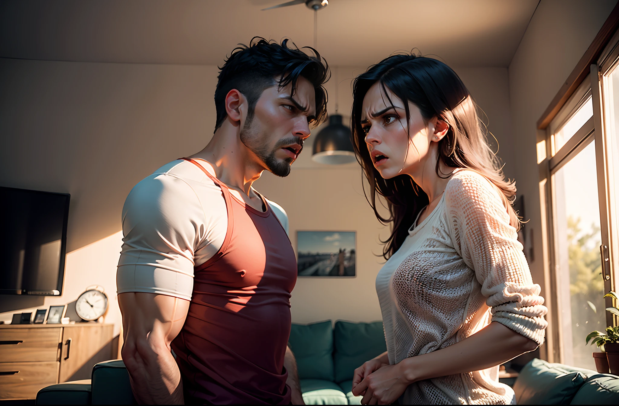 "An angry wife confronts her husband in their living room after a heated argument."