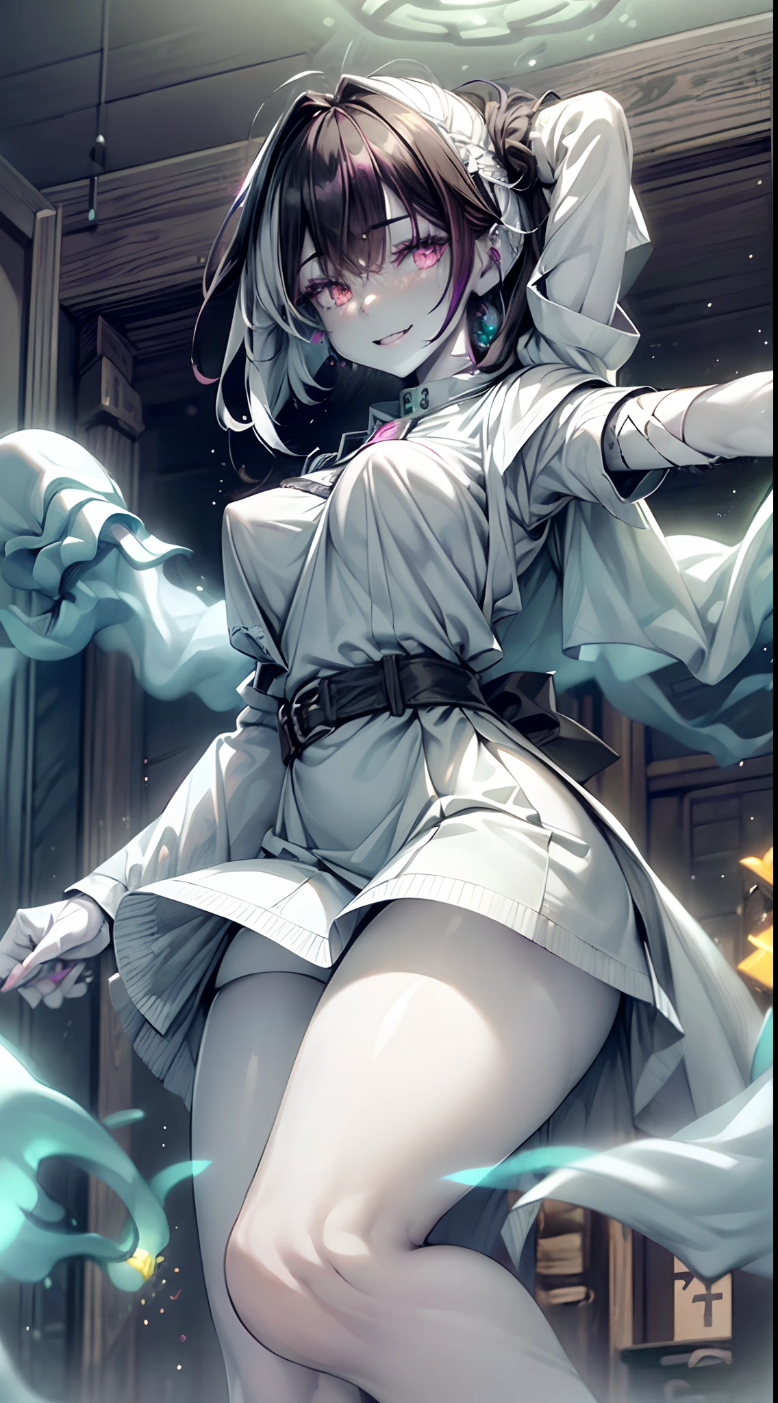 (ghosty:1.85) (doctor:1.5) (nurse:0.65) girl, (white doctor coat:1.4), (spirit, spiritual:1.2), 1girl, perfect and well designed glowing shiny eyes, (beautiful detailed eyes:1.05), natural medium breasts, slim body, beautiful and delicate cute face, (face detail), ((realistic face)), pores, ((pale grey skin)), detailed skin, realistic skin, (((bioluminescence))), ((shiny skin)), (multicolored gradation skin), (monster girl:1.25), human face, medium length hair, hair voluminous, (((((multicolored gradation hair))))), (dark-haired:1.75), super high resolution, 8k, parameters Best quality, (masterpiece:1.4), (magic accessories:1.4), bracelets, extremely detailed thick tight ((white:1.5), (green:1.2), (pink:0.5)) (medical uniform:1.6), (skirt:1.3), (black lace stockings:1.4), (standing nipples under cloth:1.3), (neckline:1.3), (cleavage:1.4), (decolette:1.5), Young Girl, Little Beast, (Smile:0.9), (pale Skin:1.85), ultra detailed, photorealistic, ((Real image)), (best quality:1.4), super high resolution, (Realistic 2.0), More details, (((1girl))), {(medical ward:1.2)|(doctor office:1.2)}, (beautiful and aesthetic:1.2), (fractal art:1.4), (cinematic light:1.1), (DUTCH ANGLE:1.2), full body, 16K, HDR, RTX, Ray Tracing, Radiosity, Anisotropic Filtering, Subsurface Scattering, (((magic lights))), metallic reflections, Detailed, Realistic, 4k highly detailed digital art, (cool_color), extremely detailed CG unity 8k wallpaper, vibrant colors, (seductive pose:1.6)