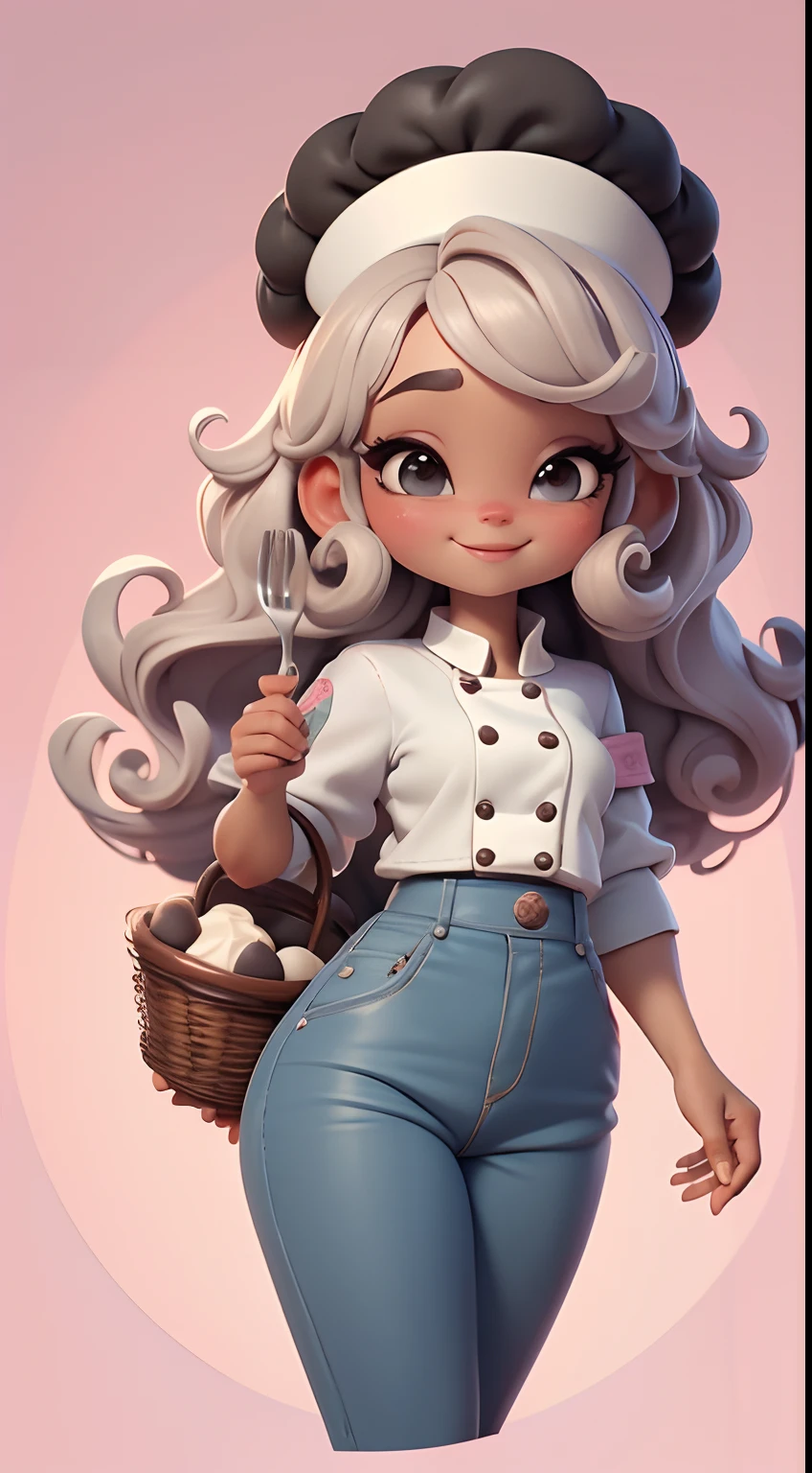 Create a series of cute  chibi style afro dolls with a cute pastry chef theme, each with lots of detail and in an 8K resolution. All dolls should follow the same solid background pattern and be complete in the image, mostrando o (corpo inteiro, incluindo as pernas: 1.5)

Boneca Mini Chef: Chame-a de Marina. Ela deve ter cabelo pequeno em tom preto marrom. Seus olhos devem ser grandes e expressivos, with long eyelashes and rosy cheeks. Sorriso delicado e branco. Sophie deve estar vestida com uma jaqueta de chef, striped pants and an ornate chef's hat. She must hold a chocolate brigadier in her hands. Certifique-se de adicionar detalhes nas roupas, such as buttons and pockets, sapato bonito

Certifique-se de adicionar sombras, texturas e detalhes nos cabelos, roupas, confectionery utensils, to make them even more adorable and charming.