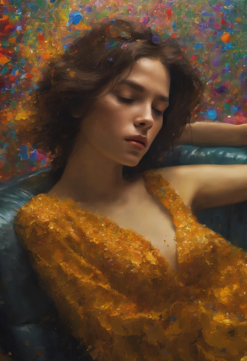 A painting of a woman with her eyes closed, ((golden ratio}} laying on the sofa after a long night on the town, a sensual painting, a Beautiful expressive painting, Wadim Kashin. Ultra photo realism, Louise Ross, digital painting art, Perceptual digital painting, Stylish digital painting, Bonito painting, glossy digital painting, beautiful digital painting, digital art painting, Fine paintings, ((Rod acrylic paint)).
