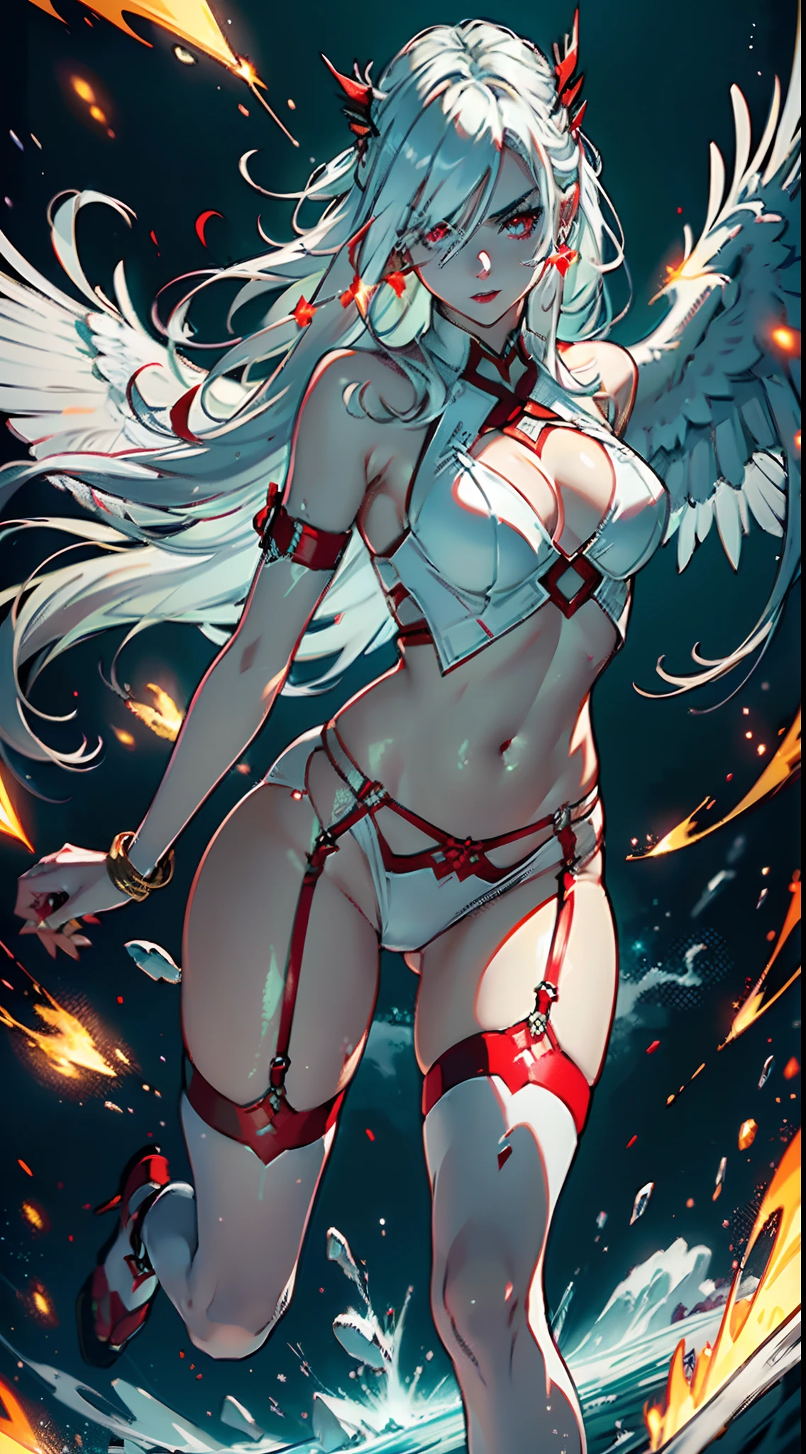20 year old young woman( Long white hair ),(bright red eyes)<=(eyes HD lighting) (has red lips), beautiful eyebrows (badass expression) both hands have red bracelets on the arms (wears clothes made of transparent white cloth) (sexy white underwear model Garter Belt ) (has 6 large wings with a beautiful bright green color) (He wears gold bracelets on both feet) (sky setting at sunset) (there is an effect of bright red particles flying in the background, (flying) (pose during serious fighting) <=(lunging forward)giving an elegant and epic impression.dark atmosphere with bright particle light(many effects in background)