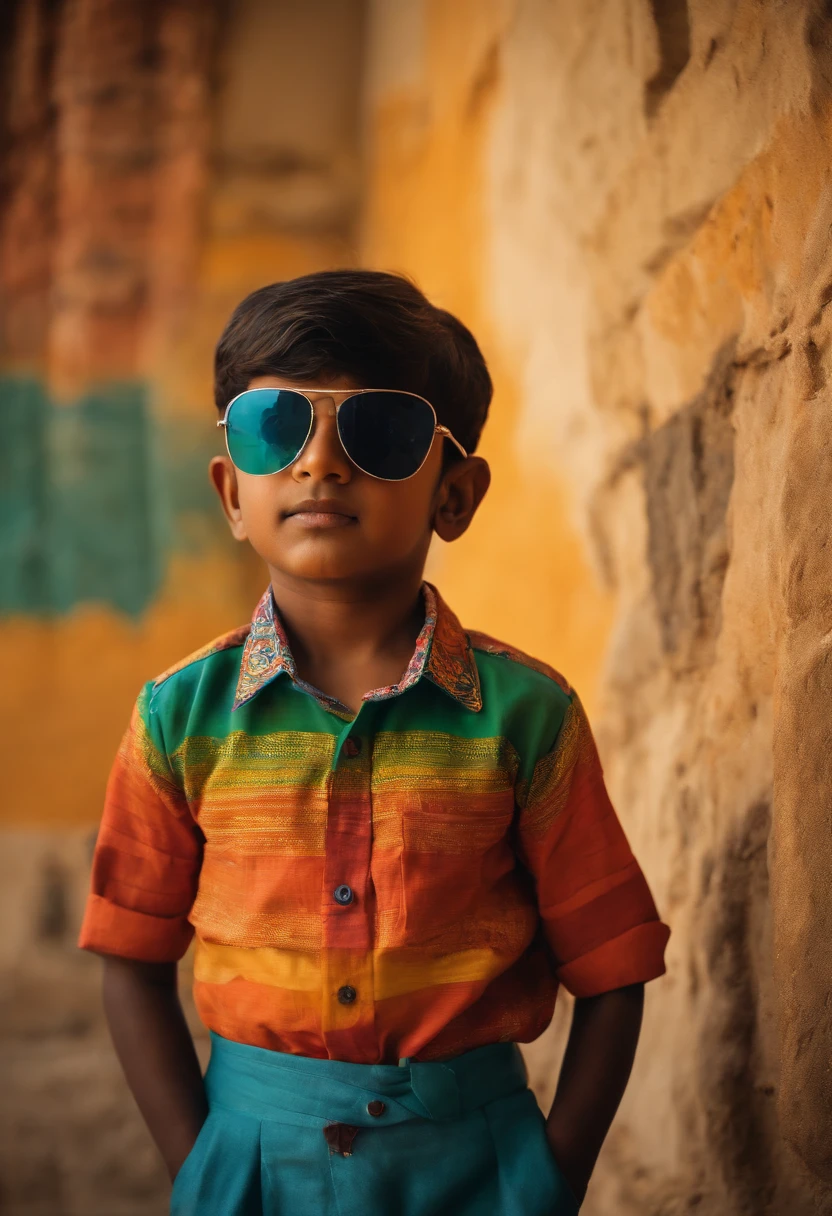 Indian , wearing sun glasses, multiple blocks of colors on shirt, printed , standing in a swag, standing in front of a wall, wall painted with vintage painting of a sardar Vallabhbhai Patel man's face