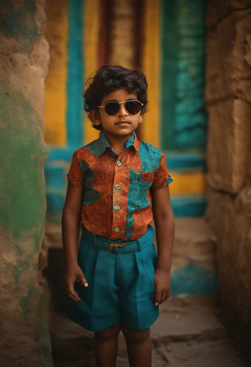 Indian , wearing sun glasses, multiple blocks of colors on shirt, printed , standing in a swag, standing in front of a wall, wall painted with vintage painting of a sardar Vallabhbhai Patel man's face