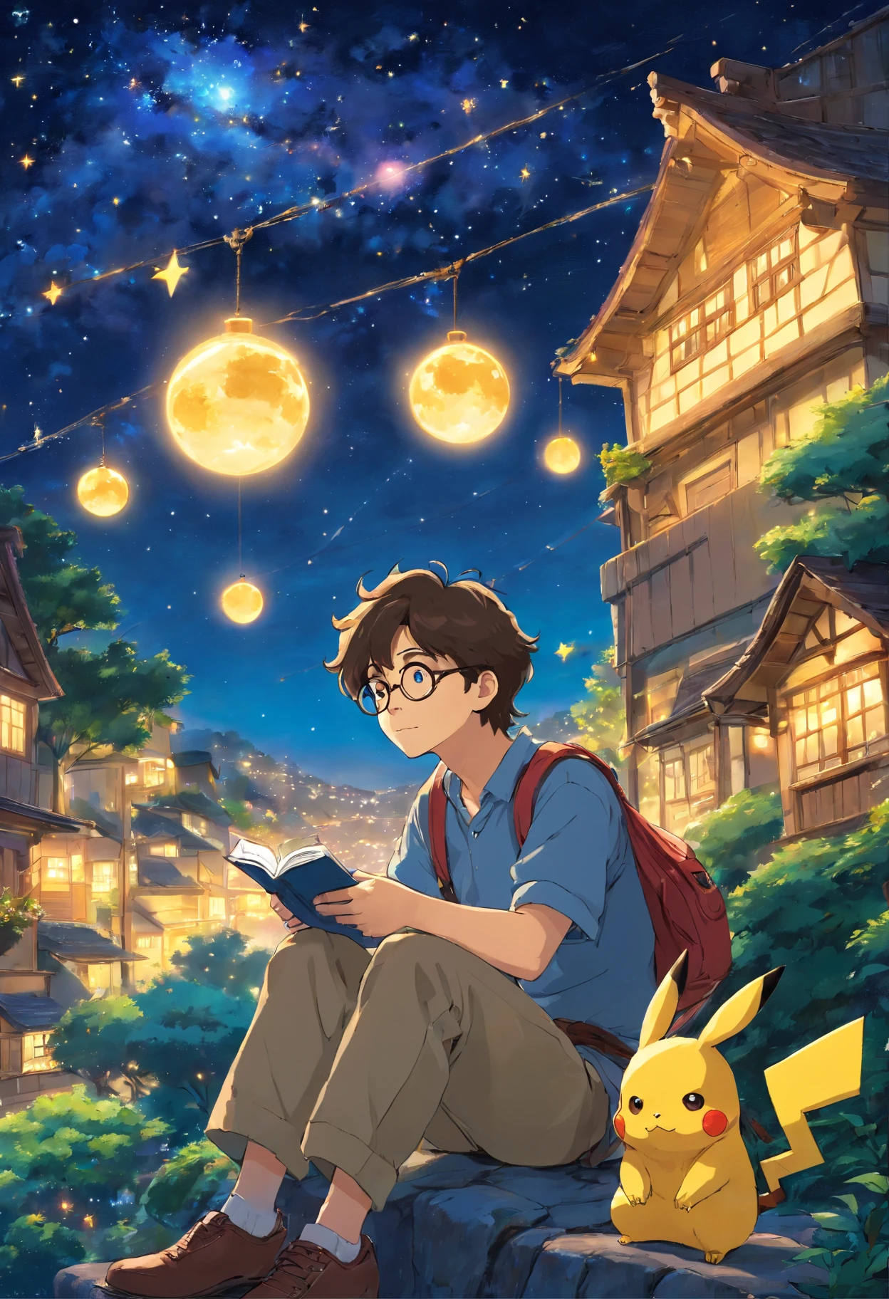 homem jovem, wearing glasses with wavy hair sitting with Pikachu, Watching the starry sky at night