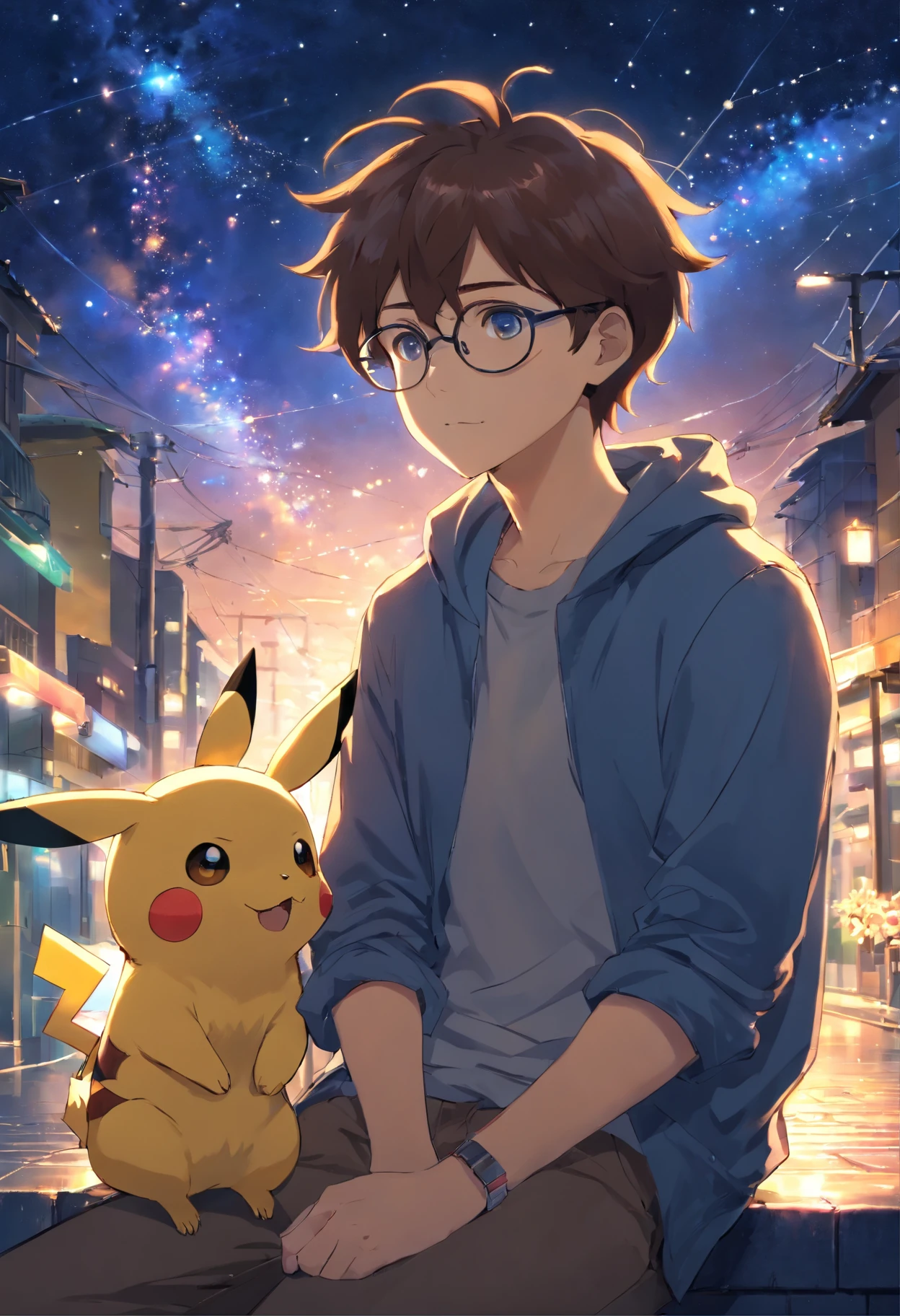 homem jovem, wearing glasses with wavy hair sitting with Pikachu, Watching the starry sky at night