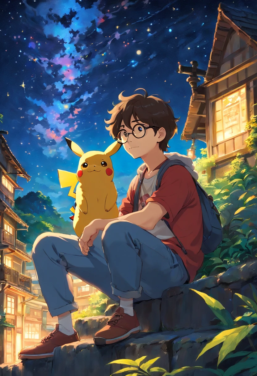 homem jovem, wearing glasses with wavy hair sitting with Pikachu, Watching the starry sky at night