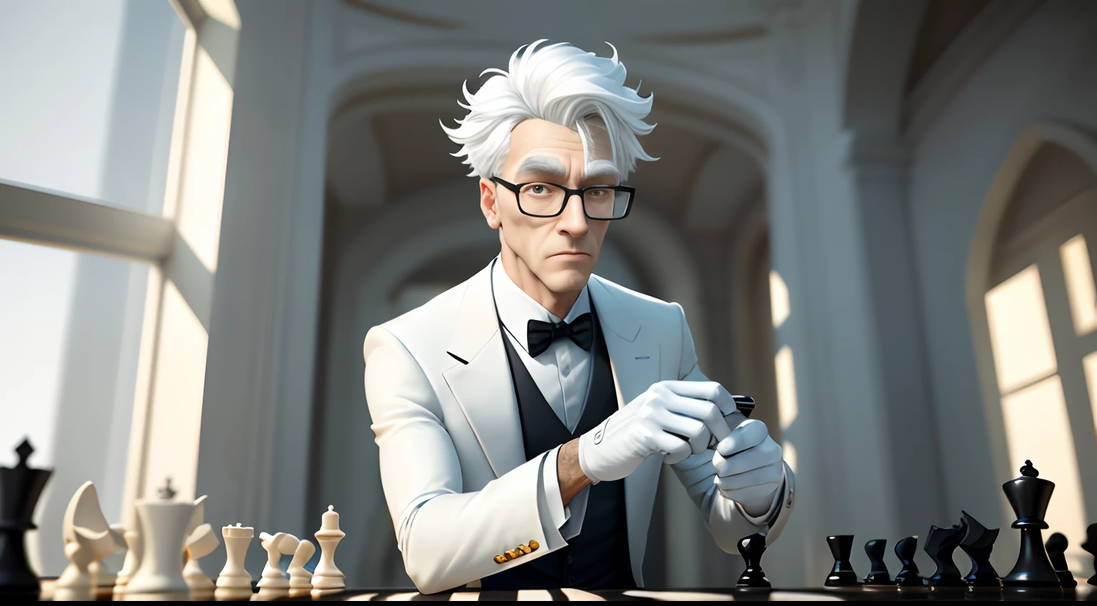 Masterpiece, Best quality, Highly detailed, Break free, There was a white man in a suit and tie standing, wearing futuristic white suit, 《Overwatch》Bill gates, Herren. Cleaning, chad, an animated character, as a pixar character, as a clay character, anato finnstark. by Pixar, name of the character is chad, render in pixar, depicted as a pixar character, Skinny fantasy scientist breaks white gloves, Fashionable glasses, White shoes, White hair, Break (Detailed background, Depth of field, half body shadow, Sunlight, ambient light on the body), (Intricate PS No:0.7), (High detail:1.2), (illusory engine:1.3), (Sharp focus:1.15), (Masterpiece, Best quality, 4K, 2K, shaded, absurd res),{playing chess,chess}