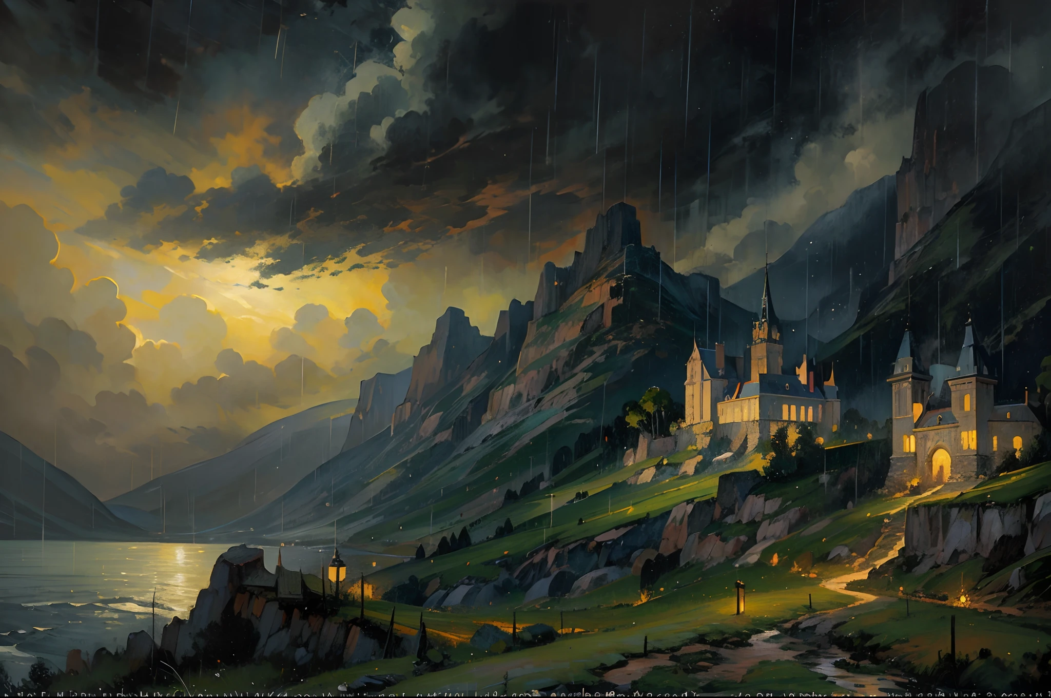 ((nobody)) Vintage Victorian style, Precise old encyclopedia (best quality:1.2), (detailed:1.2), (masterpiece:1.2), vintage illustrations of a dark castle on the mountain, dark stormy weather, storm, rain, at night, castle towers with glowing light, oil painting