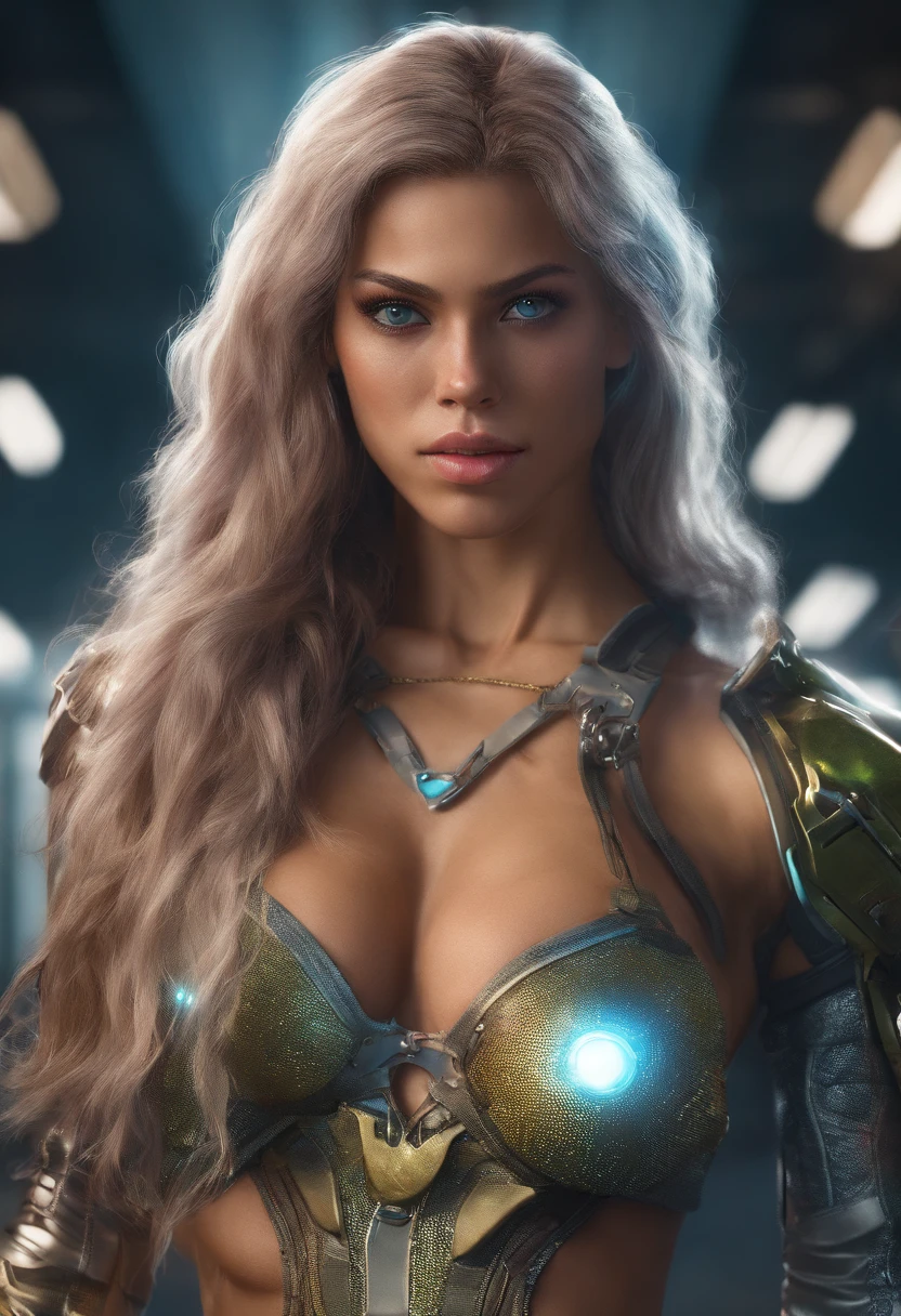 (best quality,4k,8k,highres,masterpiece:1.2),ultra-detailed,realistic,perfect katopunk women with large muscles abs and very large breasts,sparkling eyes,sharp cheekbones,vivid colors,strong and confident pose,intense lighting,long flowing hair,stunning athletic physique,powerful arms and legs,toned and defined abs,sporty outfit,futuristic metallic materials,sci-fi concept art,reflective surfaces,colored light effects,high contrast,color grading,bokeh