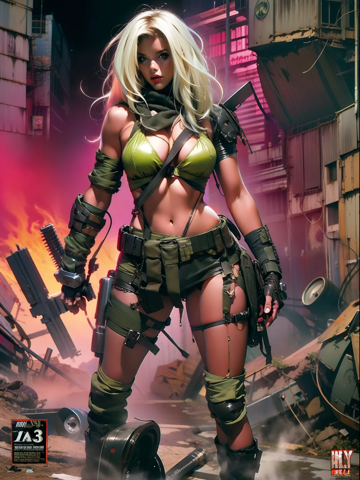 The post-apocalyptic warrior, a 35-year-old woman almost naked in the Simon Bisley style for the cover of Heavy Metal magazine, hair half black and half white, Minimum clothing, short clothes,