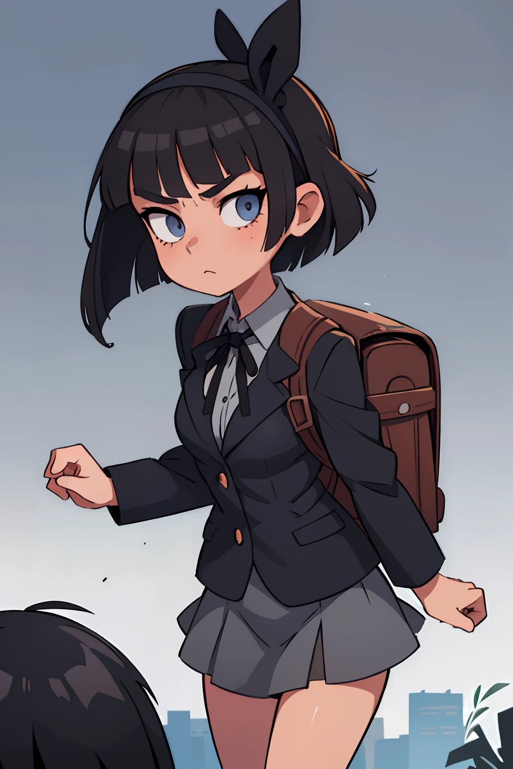 A  girl, dark blue eyes, straight hair, Bob hairstyle, torn bangs, brown-haired woman, business suit with skirt, black and gray backpack, black ribbon around the neck, black headband, Like a sister's honey, Black bow on the head, Black Demon Tail