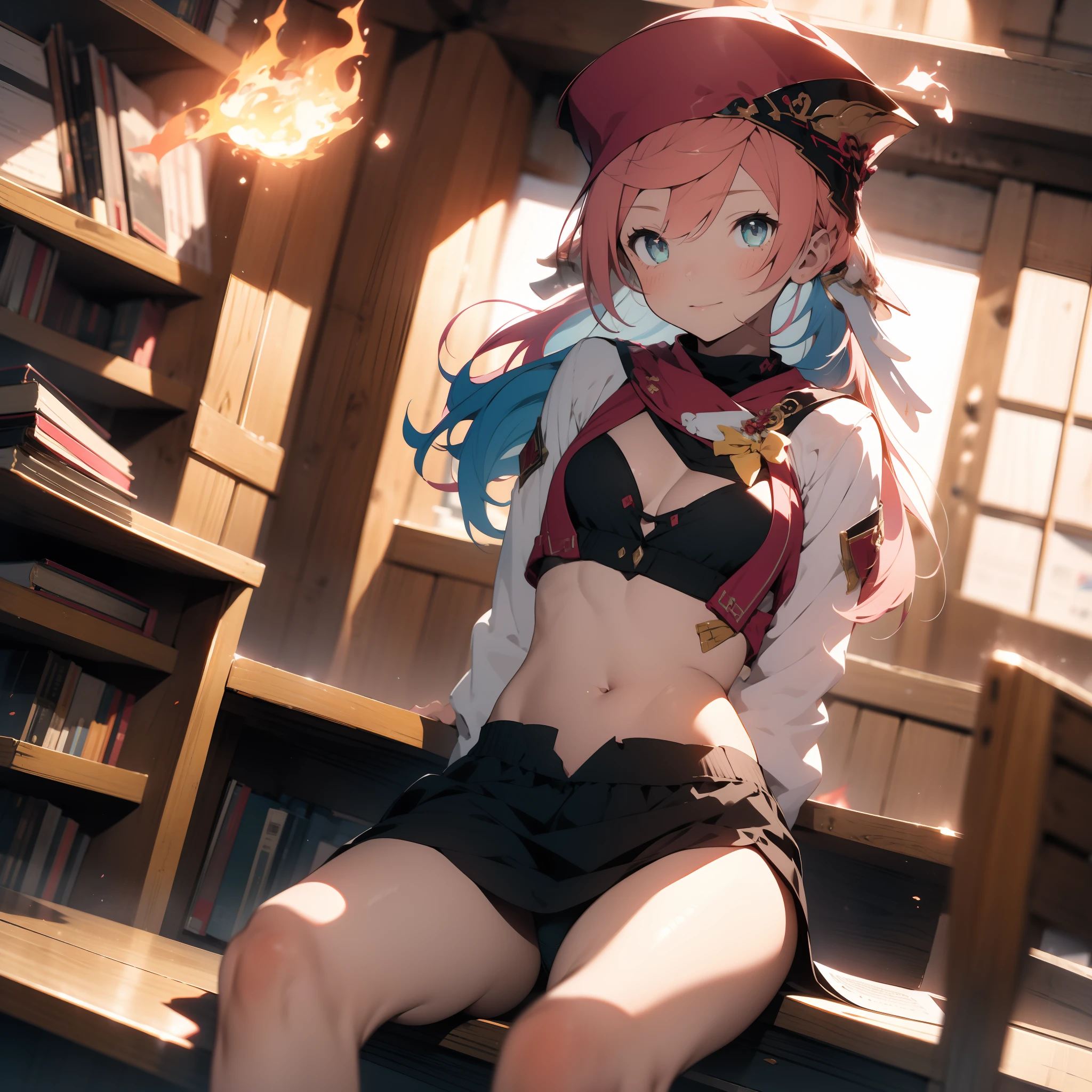 1girl, (solo:1.2), ((masterpiece)), [slim], (small chest), pale skin, ((detailed eyes)), (bokeh effect), (dynamic angle), dynamic pose, blue hair, flame effect, cheerful, fire fractals, pink hair, white horns on sides, red hat, inside the court, judge, sittin on wooden table with books and paper, the court room, visible bellybutton, cleveage, sexy legs, black panties